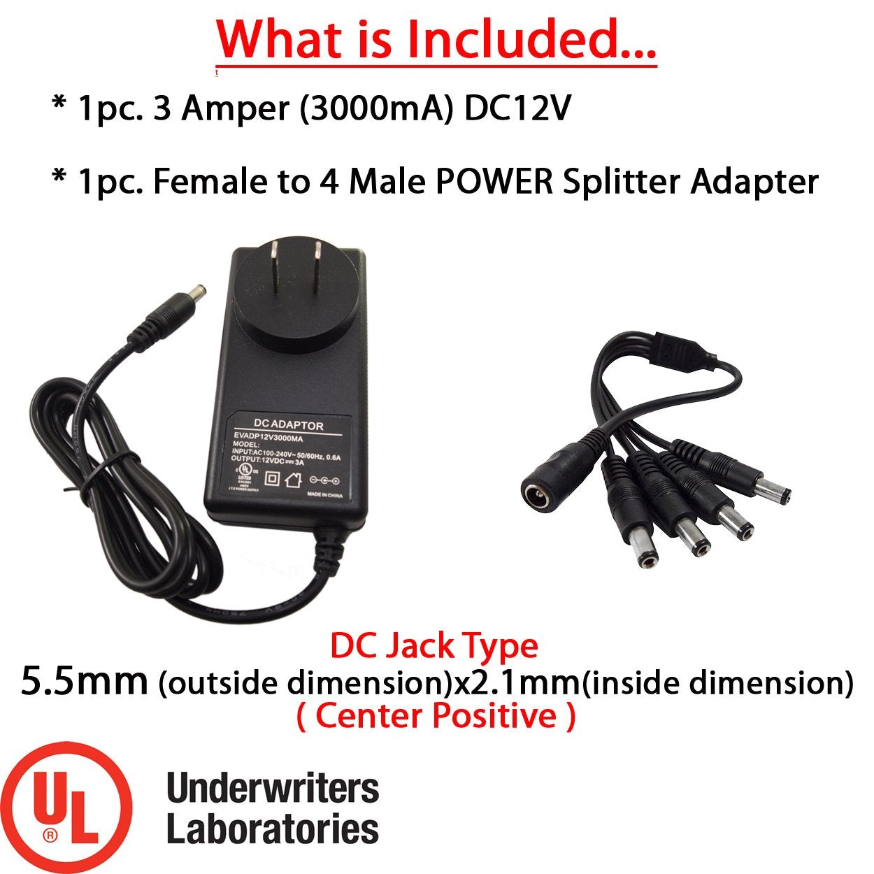 EVERTECH 12V DC 3A (3000mA) (100V-240V AC/DC 12V) with 1 to 4 Splitter Power Splitter (4 Port), UL Certified Power Adapter for CCTV Security Cameras…