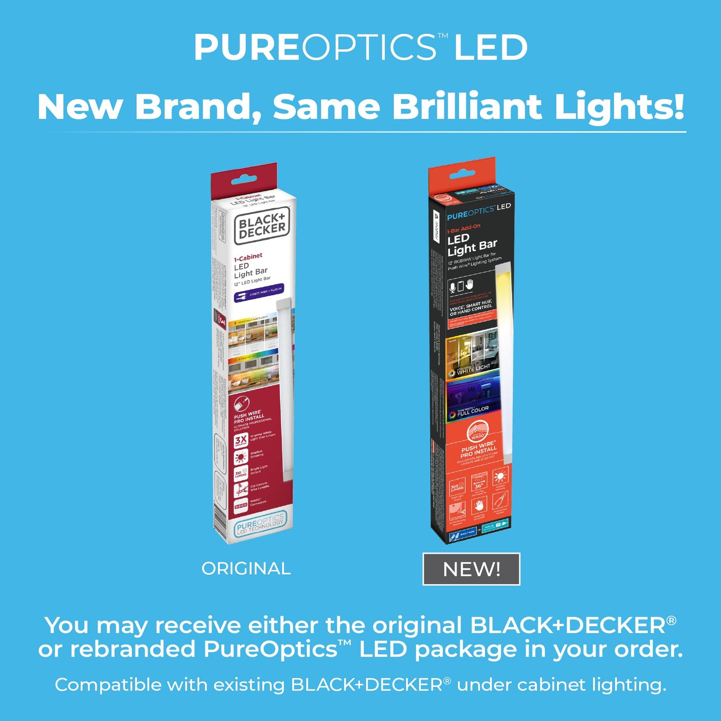 PureOptics LED Professional Push Wire Under Cabinet Light Bar, Add-on, Plug-in or Hardwire Compatible, Adjustable White and RGB LED, for Kitchen