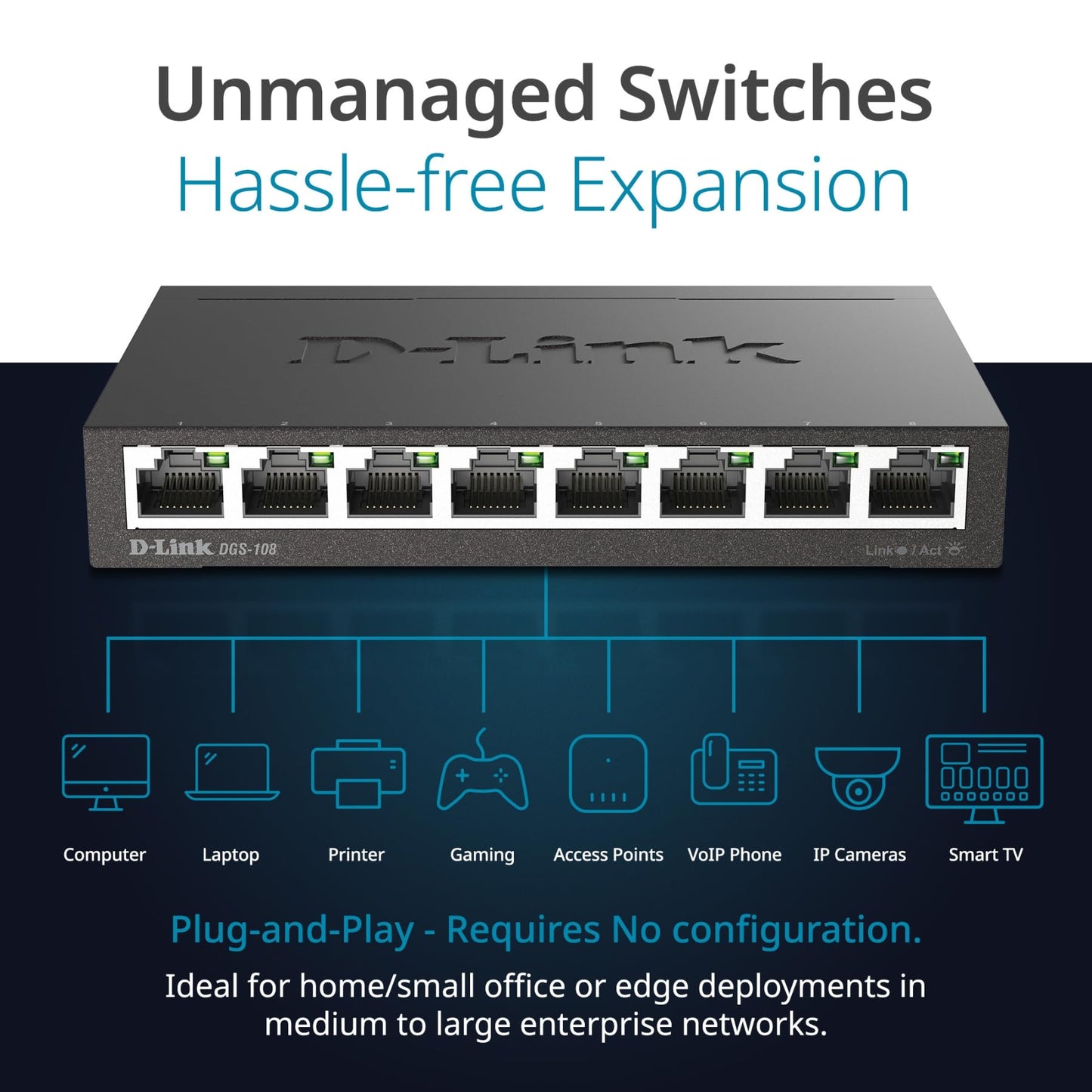 D-Link DGS-108, 8 Port Gigabit Ethernet Switch Unmanaged, Network Splitter, Silent Fanless, Network Hub, Sturdy Metal with Shielded Ports, Compact
