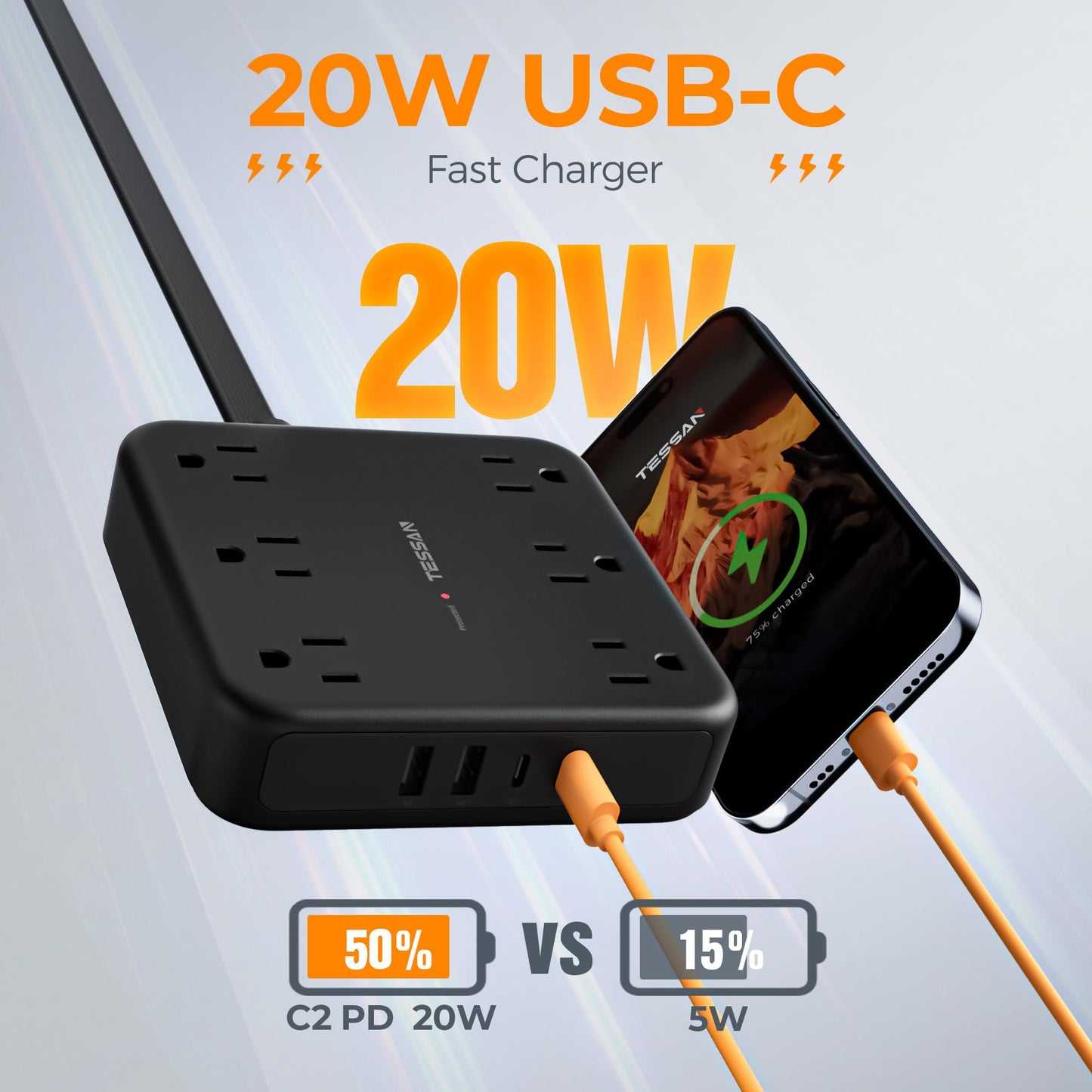 TESSAN Black Extension Cord with Fast Charger, Surge Protector Power Strip with 6 Outlets and 4 USB Ports (2 USB C), 2100 Joules Protection, Flat