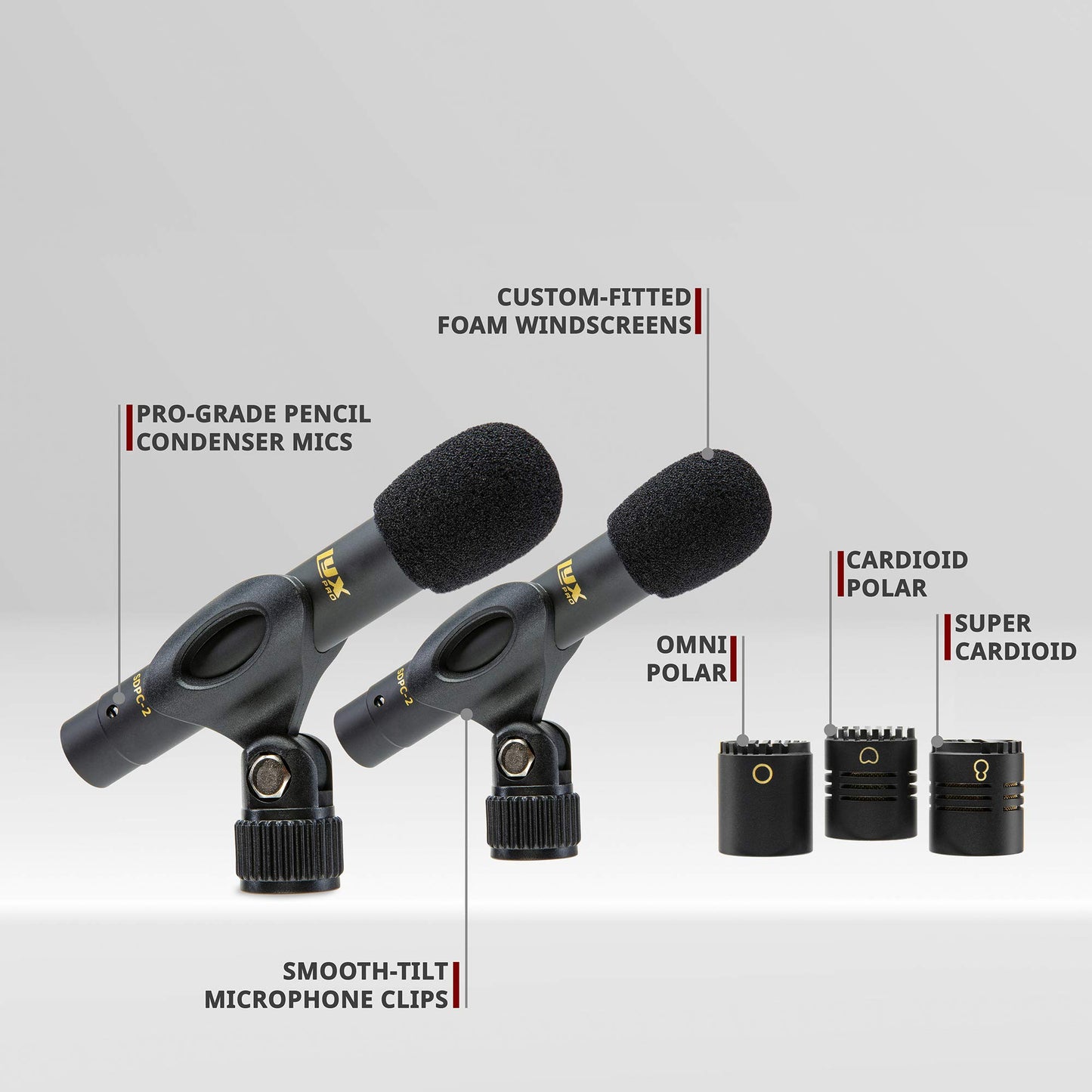 LyxPro SDPC-2 Stereo Pair of Pencil Condenser Stick Instrument Microphone Set, Interchangeable Omni, Cardioid & Super Cardioid Capsules Included