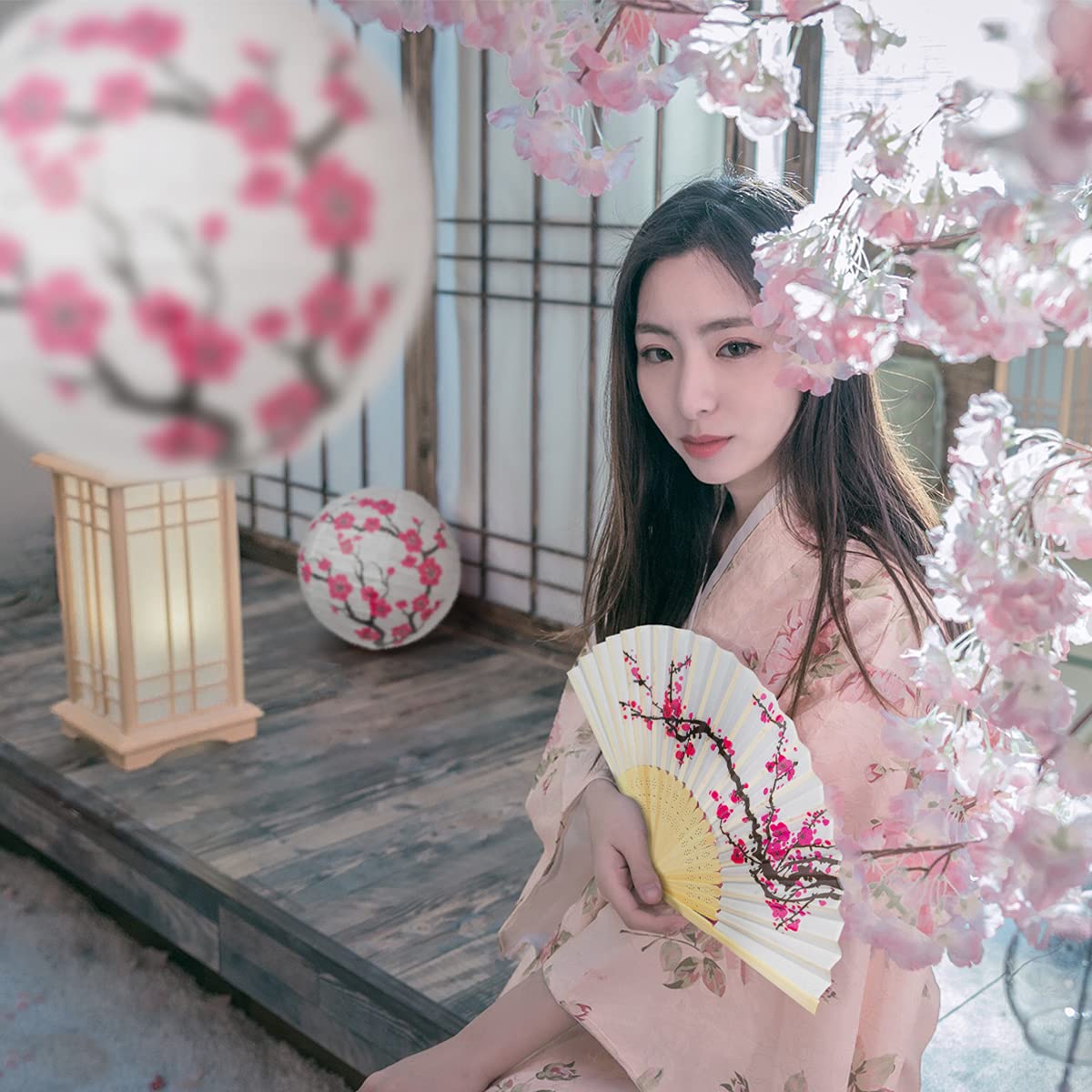 LYART 4Pcs Chinese Japanese Cherry Design Paper Lantern Lamp Shade for Restaurant Church Wedding Gift Party Favors DIY Decoration Oriental Style Light