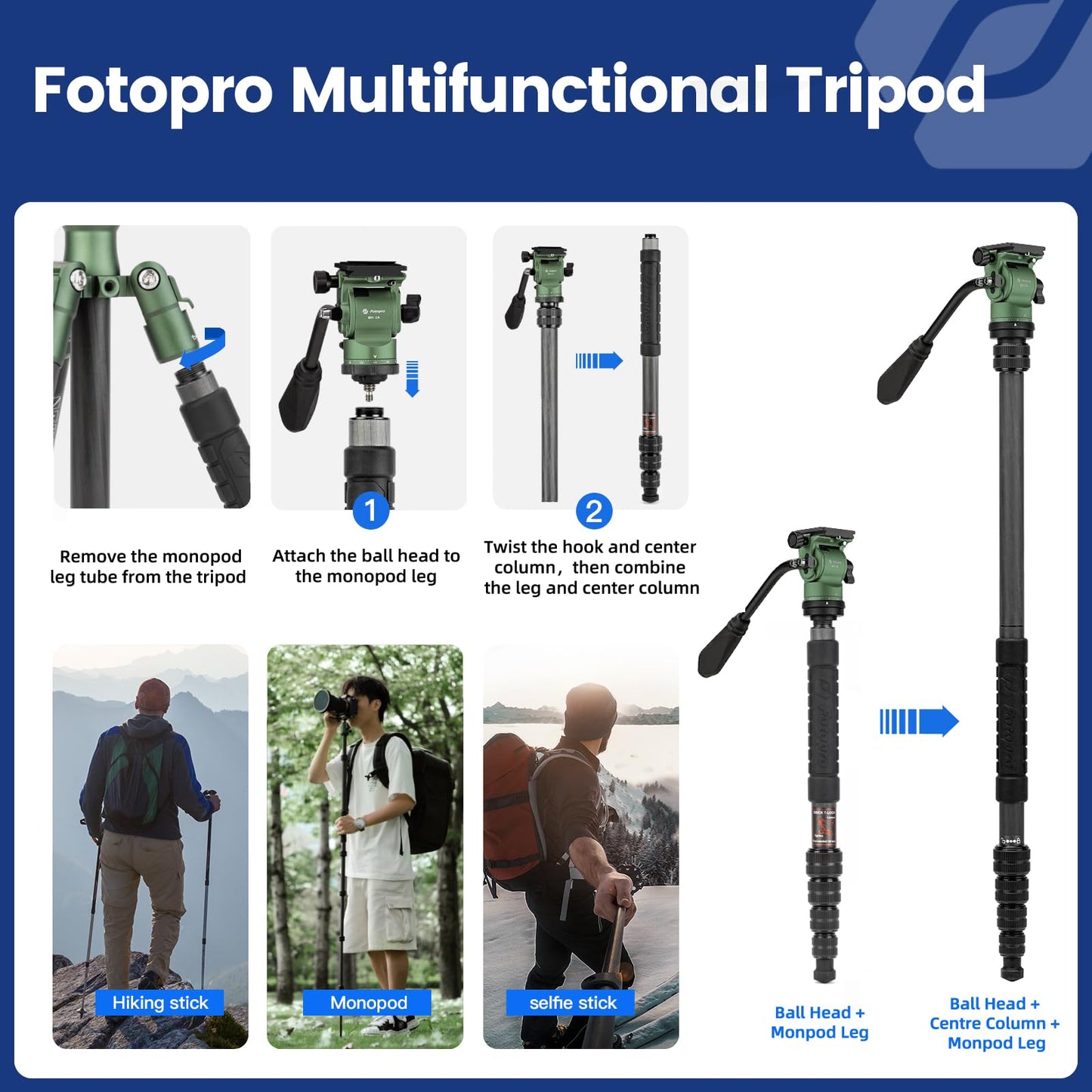 Fotopro 59" Carbon Fiber Travel Tripod, Compact Video Tripods with Fluid Head, Detachable Monopod with Arca-Swiss Quick Release Plate and Bag, Camera