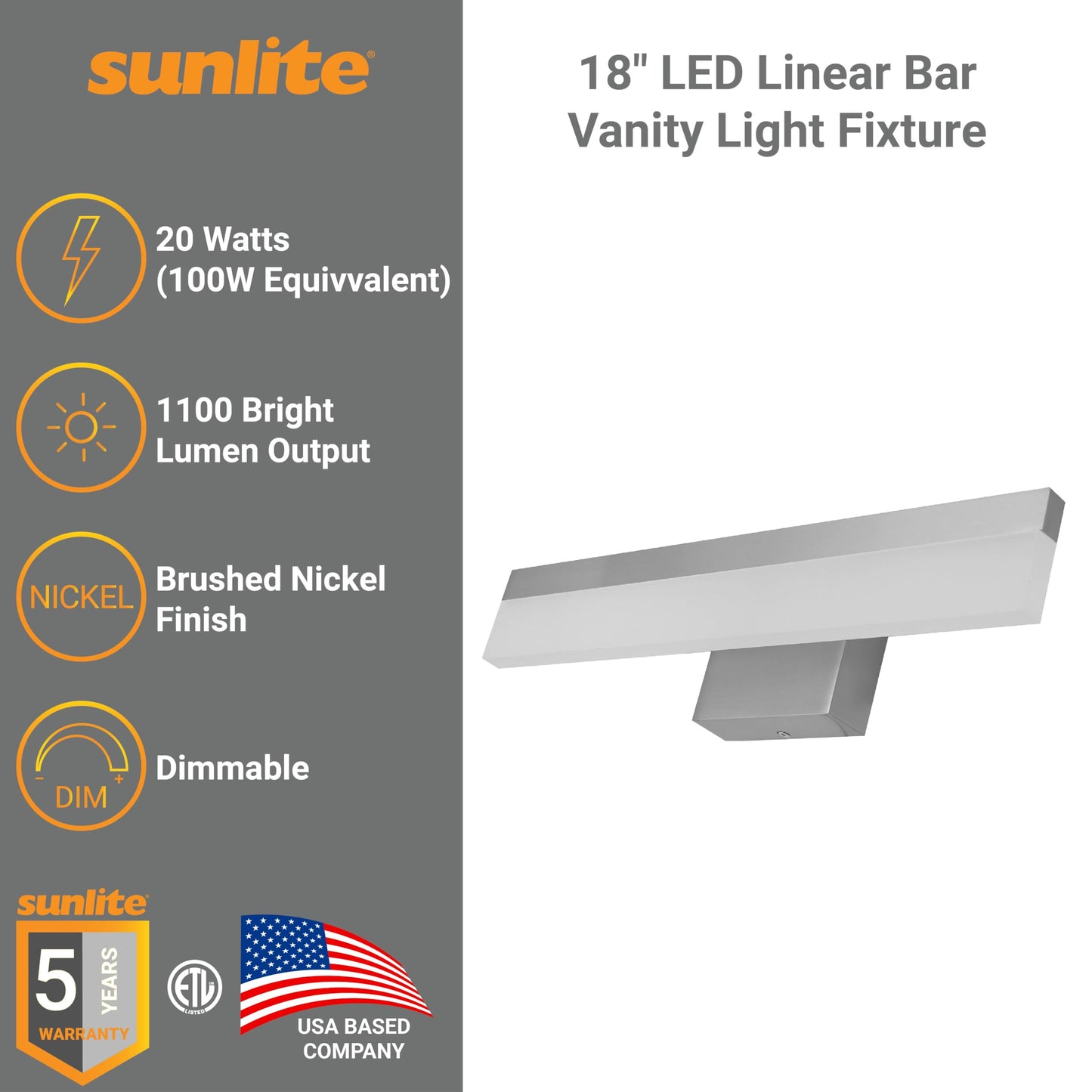 Sunlite 81381 18-Inch LED Linear Bar Vanity Light Fixture, 20 Watts (100W=), 120 Volts, Dimmable, Color Selectable 30K/40K/50K, 1100 Lumens, Brushed