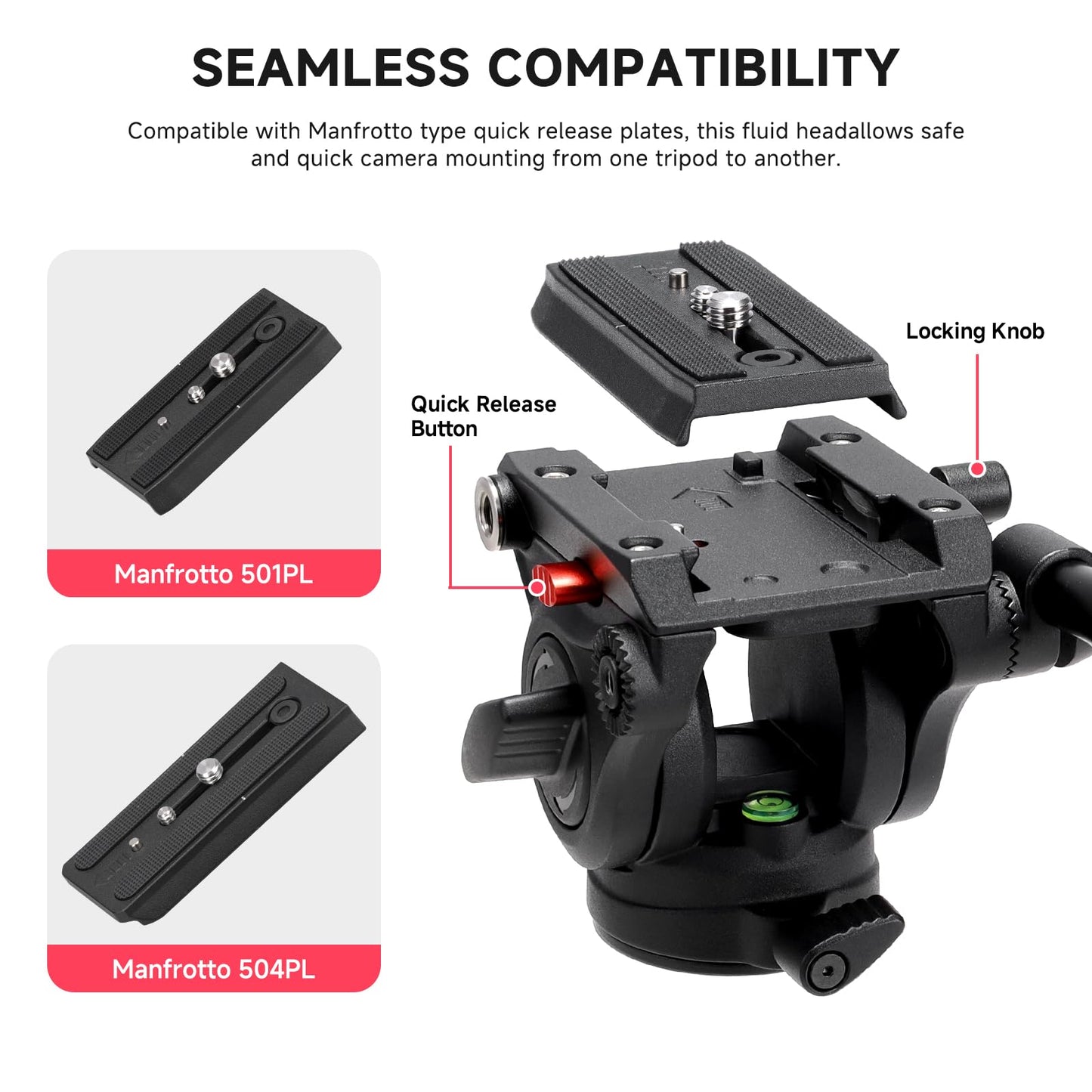 Avella Video Tripod Fluid Head with Quick Release Plate, Lightweight Heavy Duty Compatible with Manfrotto,Max Load 13.2lb/6kg for Video Canon Nikon