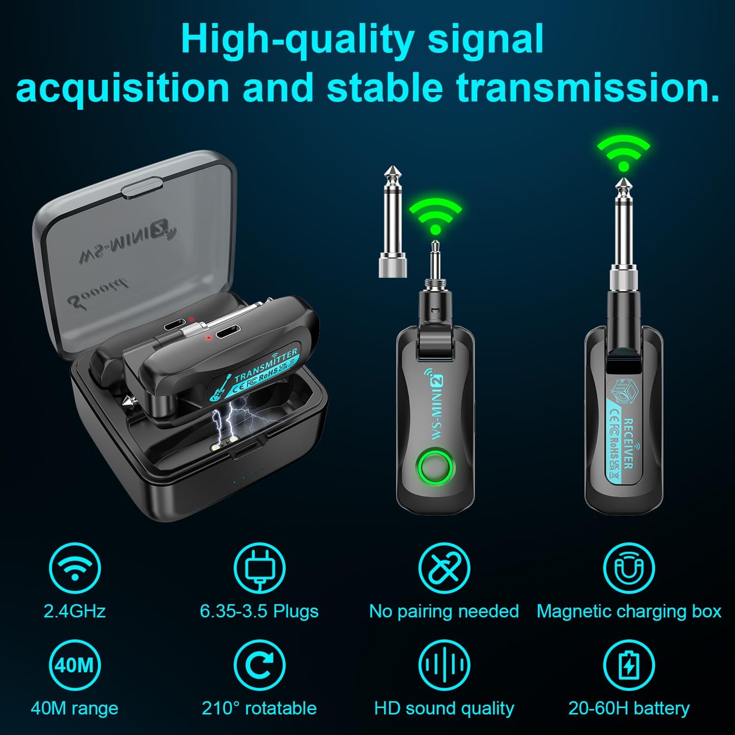 Sovvid Wireless Guitar System 2.4 GHz with Magnetic Charging Case Wireless Guitar Transmitter Receiver for Guitar Bass Electric Instruments