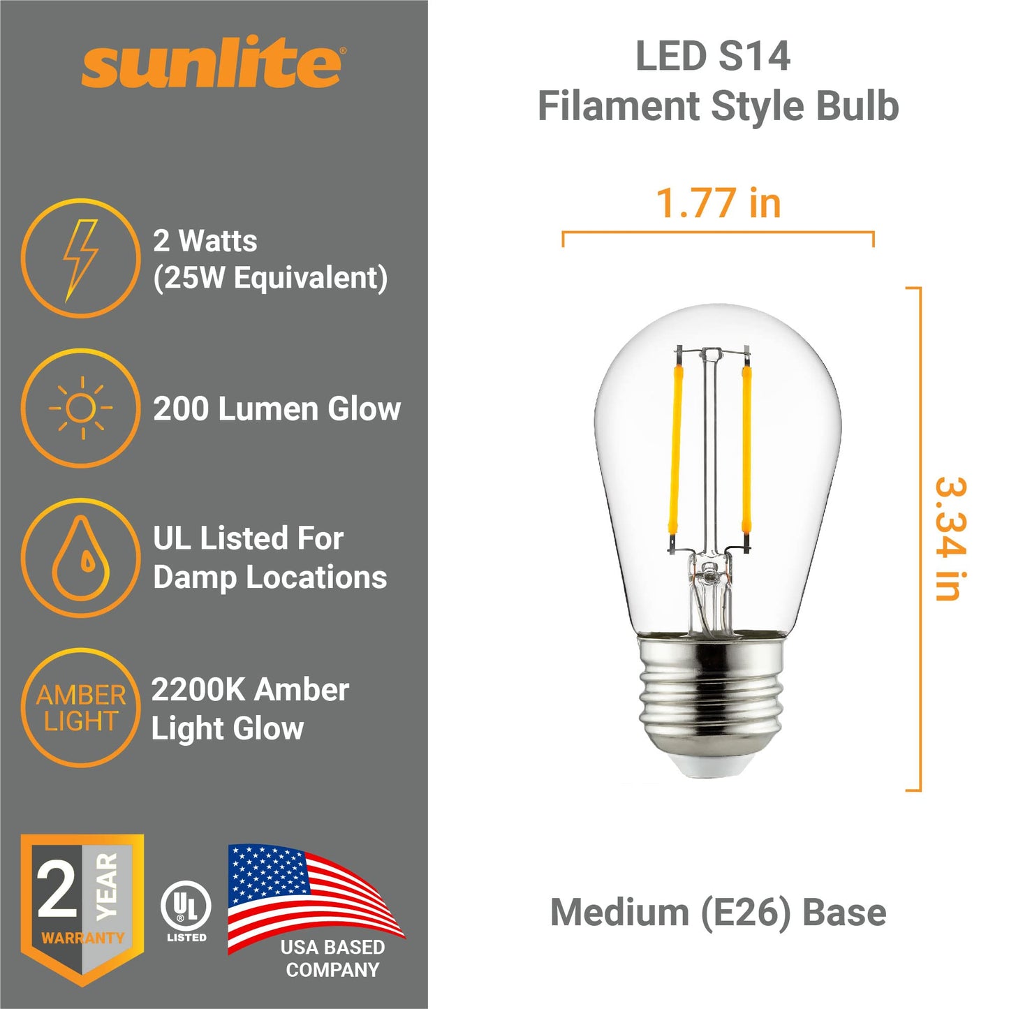 Sunlite 41655-SU LED S14 Filament Style String Light Bulb, UL Listed, 2 Watts (25W Equivalent), 200 Lumens, Medium Base (E26), Dimmable, Clear Glass