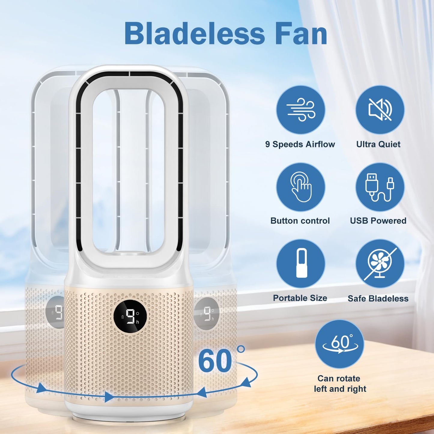 Small Bladeless Desk Fan Quiet, 14 Inch USB Rechargeable Table Fan with 5000mAh Battery, 60° Oscillating 9 Speeds Touch Control, 3 Light Modes, Mini