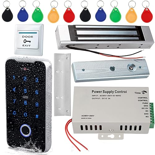 JASAG Fully Waterproof Fingerprints Access Control System Kit, Metal Shell RFID Keypad NFC Unlocking, with Upgraded 180KG (380lbs) Magnetic Lock
