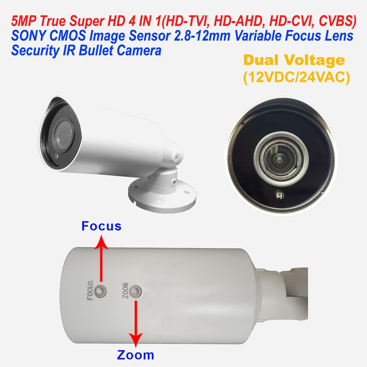 1stPV 5MP Super HD Analog Security IR Bullet Camera, 2.8-12mm Manual Varifocal Lens, 100ft Smart IR Night Vision, IP66 Weatherproof, 4-in-1