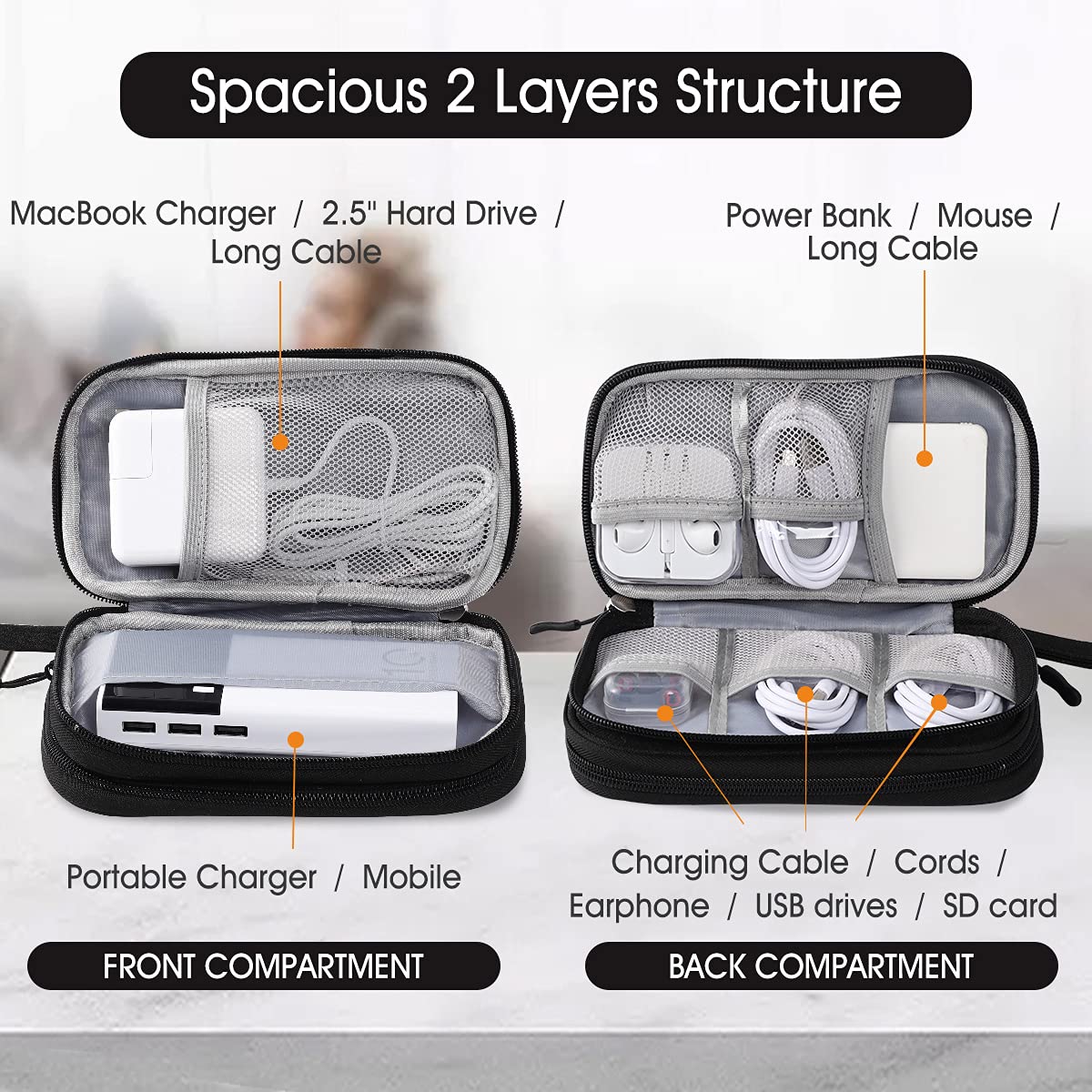 Tildaks Travel Electronic Organizer Pouch Bag, 3 Compartments Portable Electronic Phone Accessories Storage Multifunctional Case for Cable, Cord