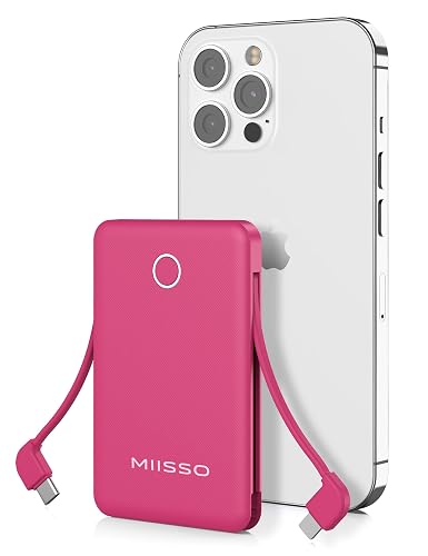 miisso 6000mah Ultra Slim Built in Cables Power Bank, Card Size Built in USB C Cords Battery Pack Portable Charger for Phones, 3 Output External
