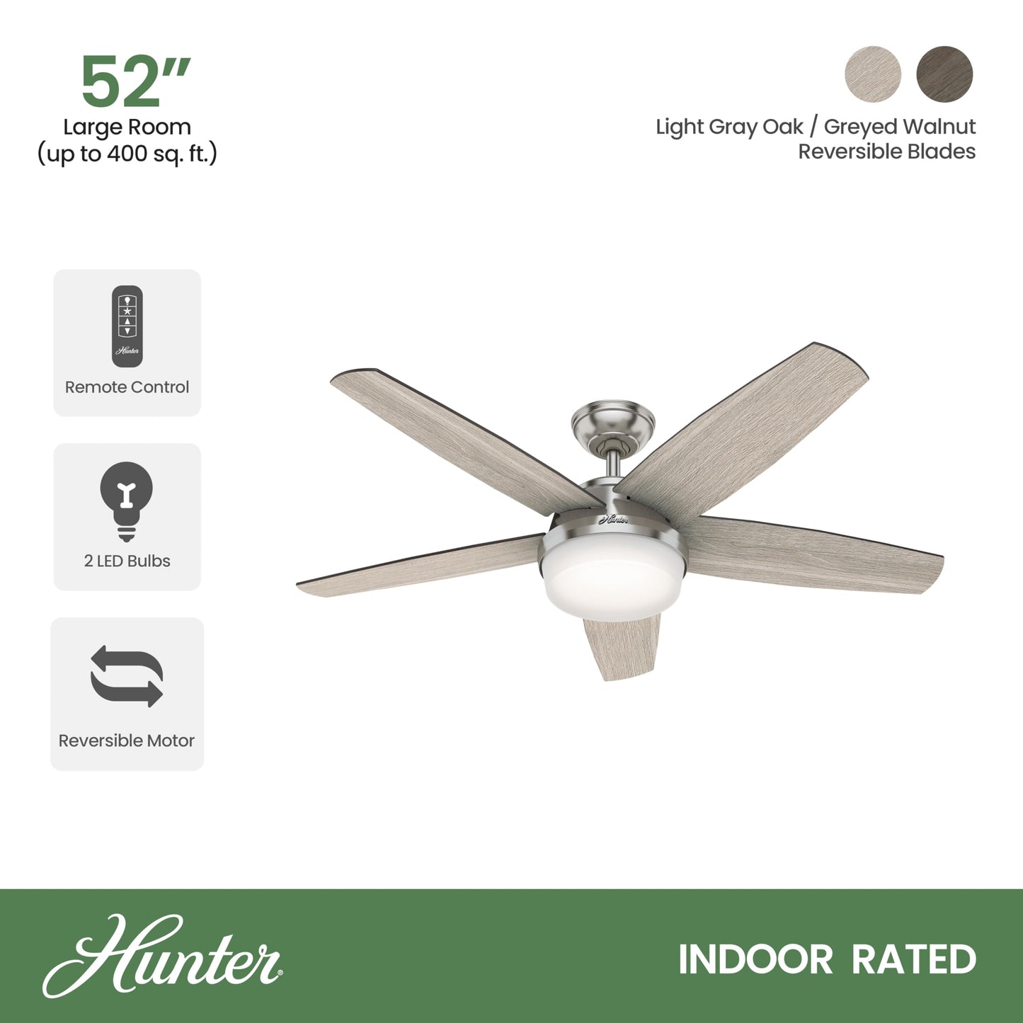 Hunter Fan 52 inch Contemporary Brushed Nickel Indoor Ceiling Fan with Light Kit and Remote Control (Renewed)