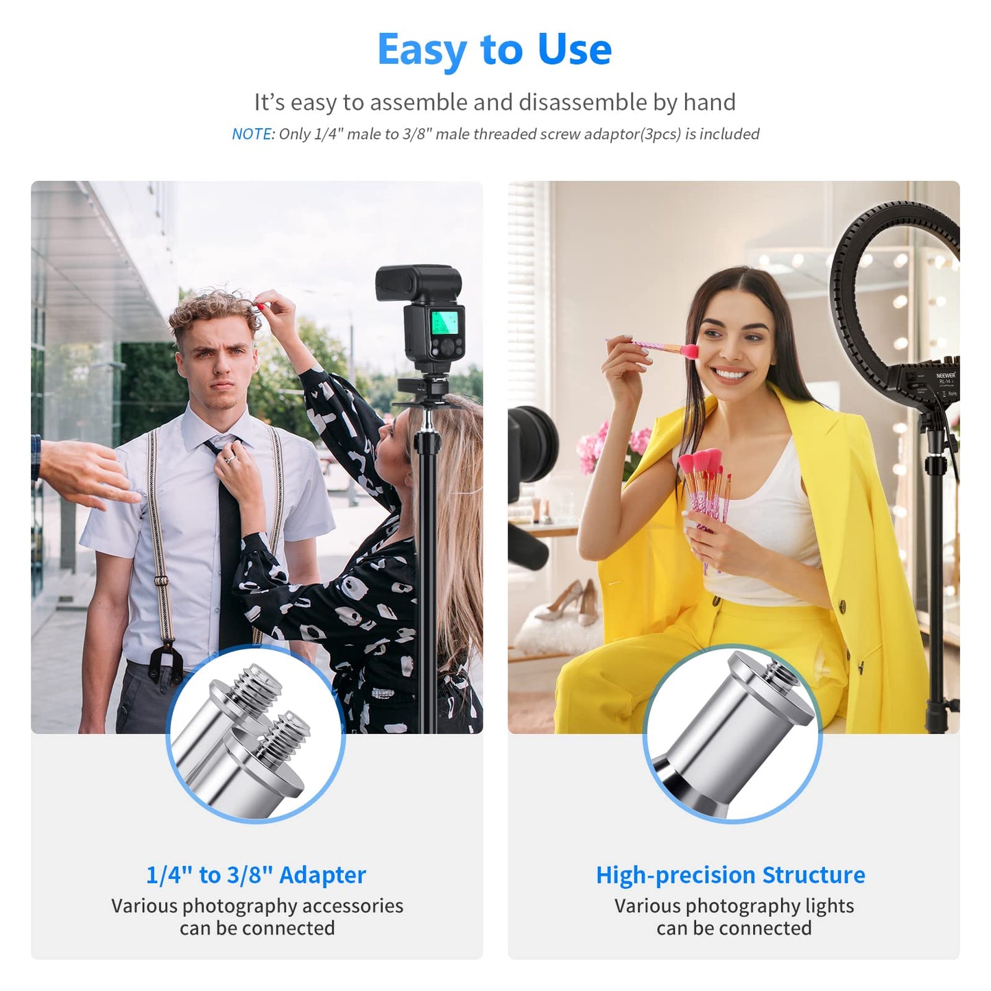 NEEWER Pack of 3 Standard 1/4 to 3/8 Inch Metal Converter Thread Adapter Spigot Stud for Studio Light Stand, Hotshoe/Coldshoe Adapter, Ball Head