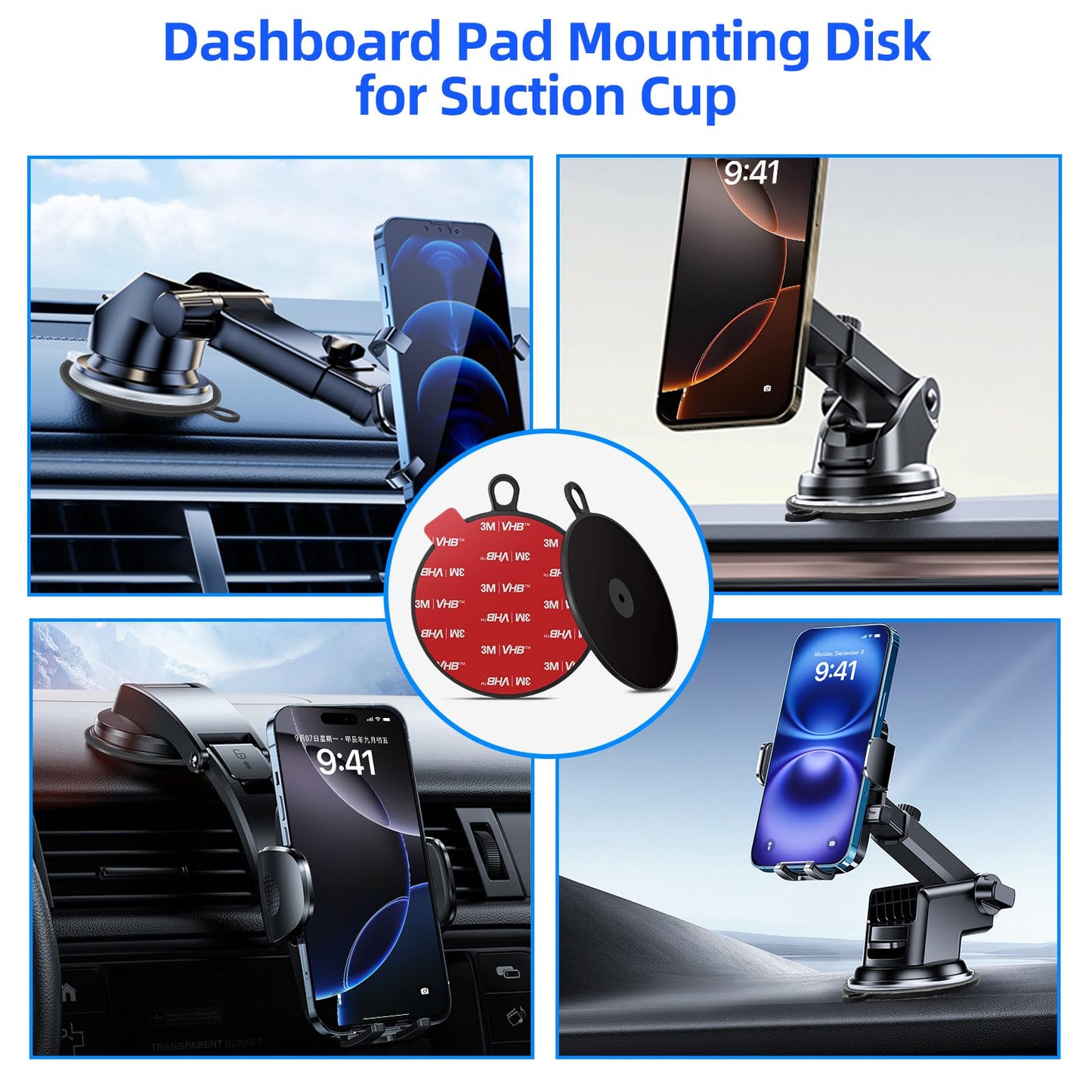Dashboard Pad Mounting Disk for Suction Cup, 3.75” Large Plastic Extra Strong Adhesive Disc for Dash Windshield Holder, Camera GPS, Tablet, Car Phone