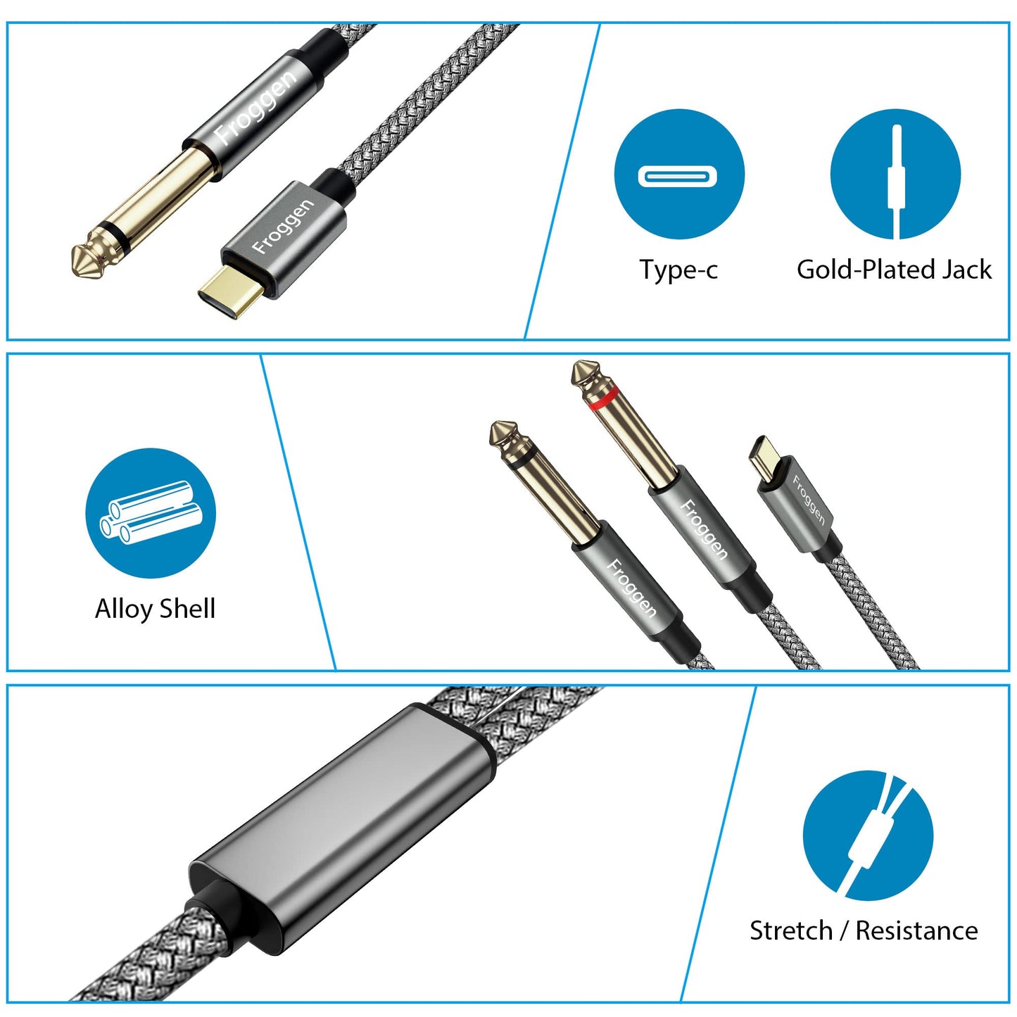 Froggen USB C to Dual 6.35mm 1/4 TS Mono Breakout Cable, 3 FT USB Type C to Dual 6.35mm 1/4 Cable Compatible with iPad, Smartphone, Tablet, Laptop
