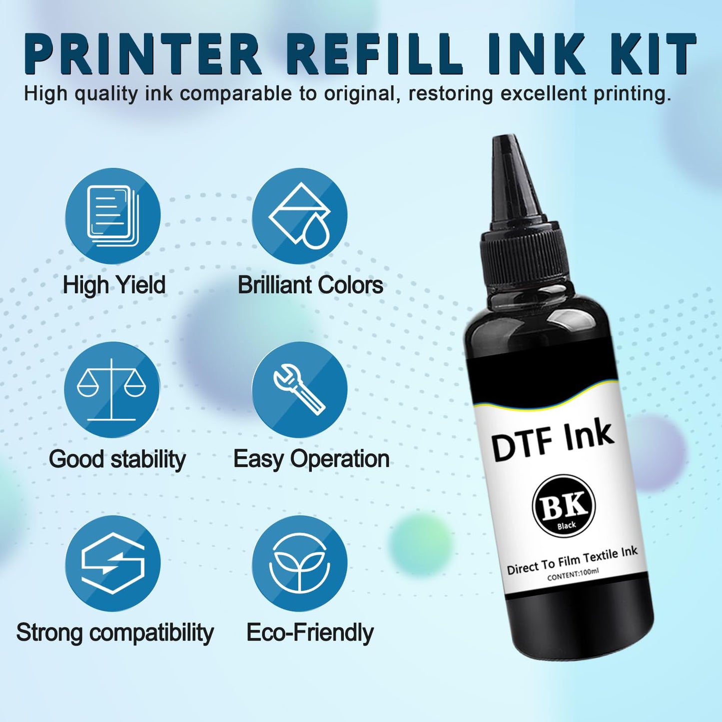 KSUMEI DTF Ink Bottle Premium Heat Transfer Printing Direct to Film Refill Ink for Epn L800, L805, L1800, R1390, R2400, ET-8550,XP-15000 Printers