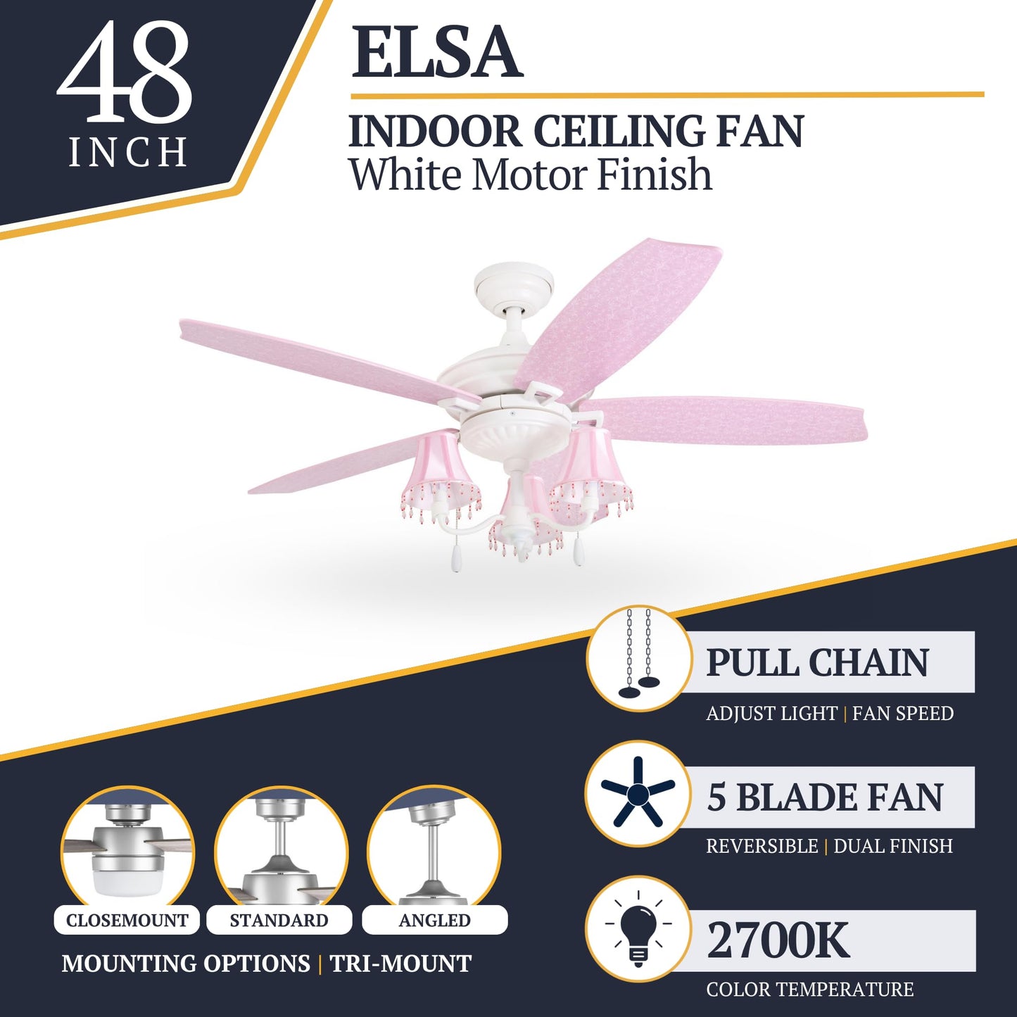 Prominence Home Elsa, 48 Inch Princess Style Indoor LED Ceiling Fan with Light, Pull Chain, Three Mounting Options, 5 Dual Finish Blades, Reversible