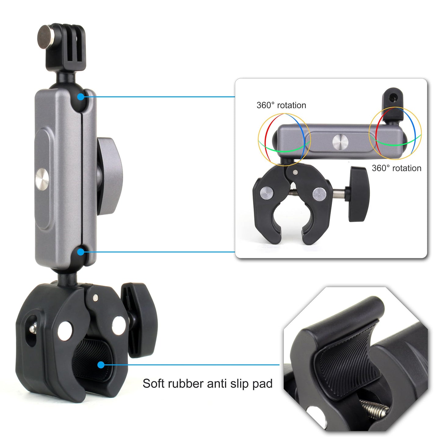 SOONSUN Super Clamp Camera Mount with Dual 360° Ballhead, Magic Arm & Phone Clip, Heavy Duty Clamp Mount for GoPro, Insta360, DJI Osmo, DSLR, iPhone