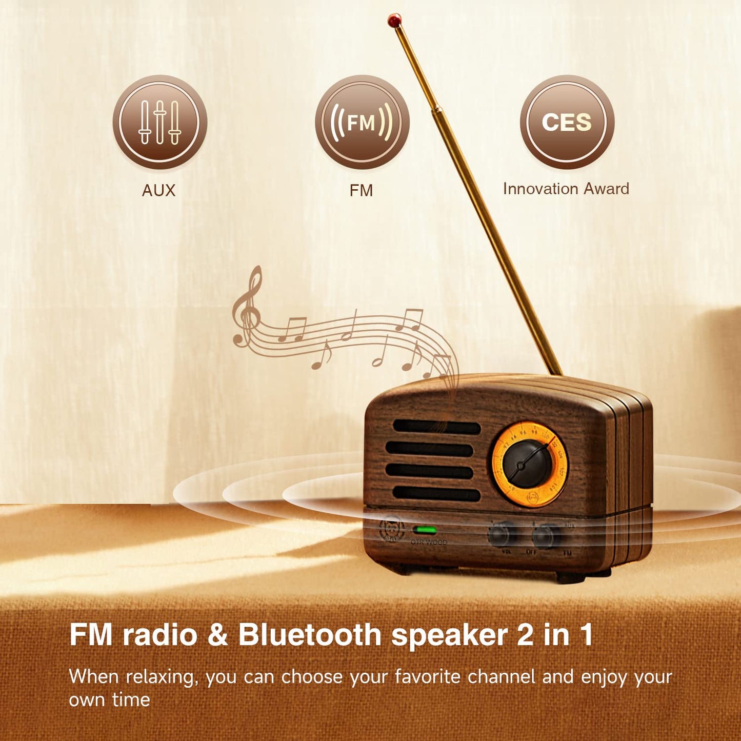 Muzen Portable Bluetooth Speaker, OTR Wood Vintage Small Wireless Speaker, FM Radio with Antenna AUX, 10h+ Long Playtime, High Fidelity Stereo Audio