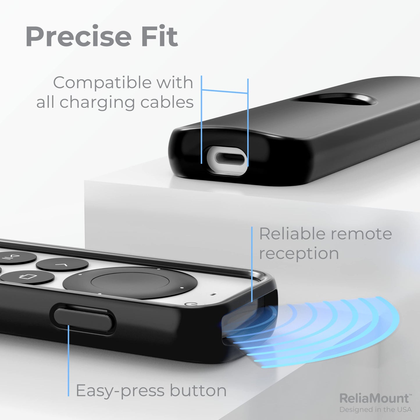 ReliaMount Case for Apple TV Remotes - Premium Drop Protection and Comfortable to Hold - Designed in USA (Premium Black with Soft Microfiber Lining)
