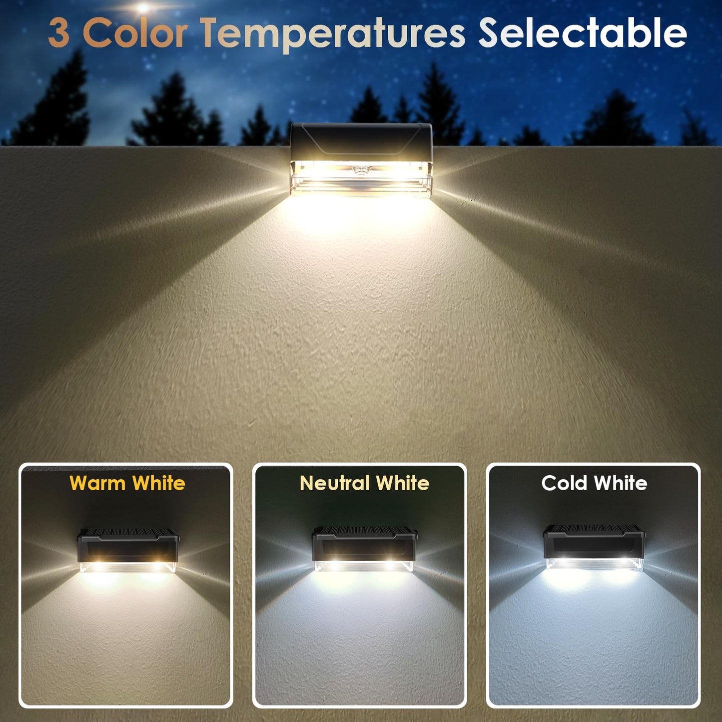 LIANGLOME Solar Fence Lights Outdoor - 3000/4000/6000K 3 Mode, IP65 Waterproof Solar Powered Fence Lights, Dusk to Dawn for Outside