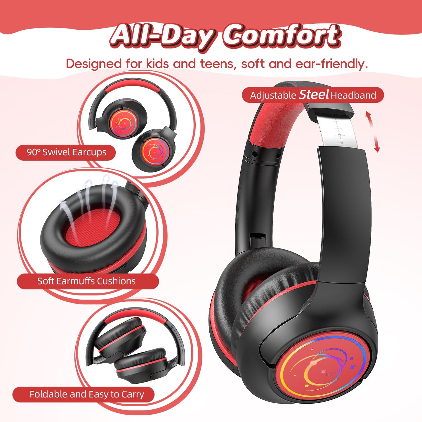 Kids Bluetooth Headphones, 85H Playtime for Toddler Boys, Black with LED