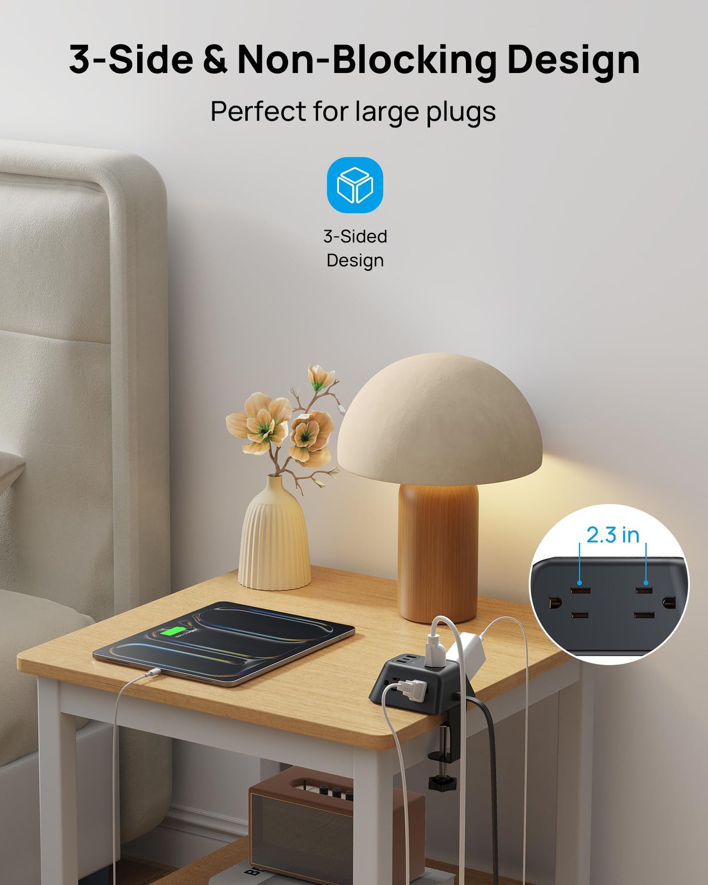 Desk Clamp Power Strip, Surge Protector with 5 AC Outlets and 3 USB Ports, Desk Mount Charging Station, Fit 1.97in Tabletop Edge Thick, 6FT Extension