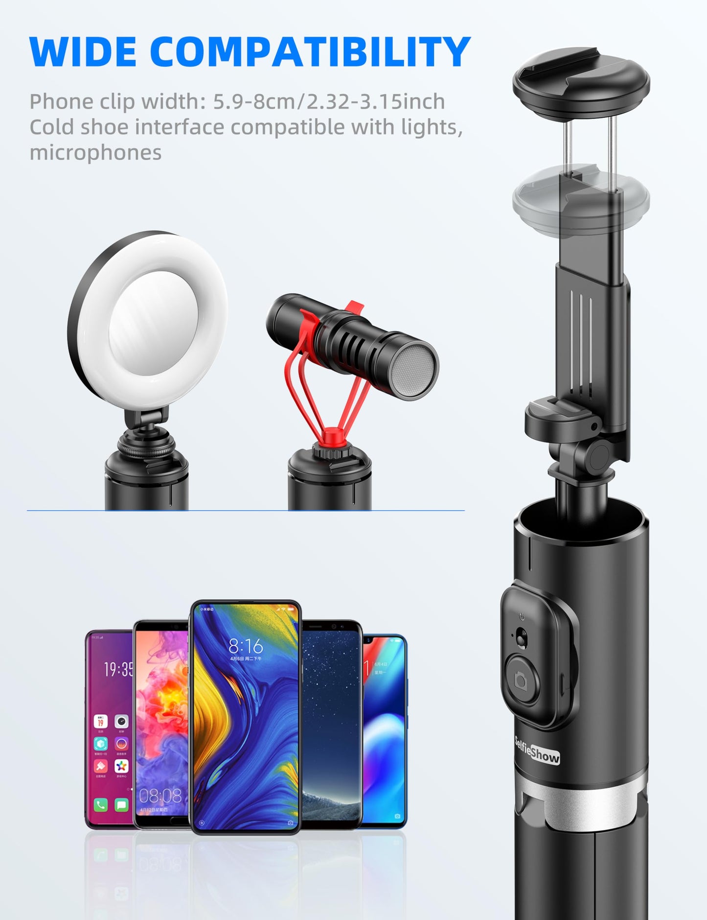 72" Cell Phone Selfie Stick Tripod, Aluminum Selfie Stick All-in-1 with Integrated Remote, Extendable Travel Smartphone Tripod Stand Compatible