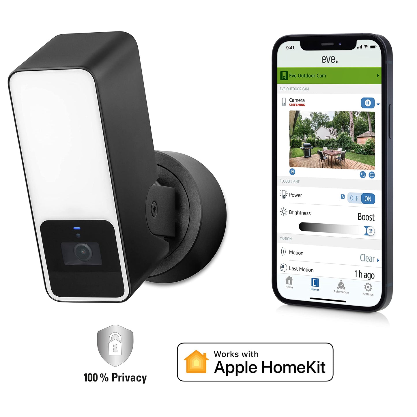 Eve Outdoor Cam 2-Pack Secure floodlight Camera, High Security & Privacy (HomeKit Secure Video), 1080p, Night Vision, Wi-Fi (2.4 GHz), Motion Sensor
