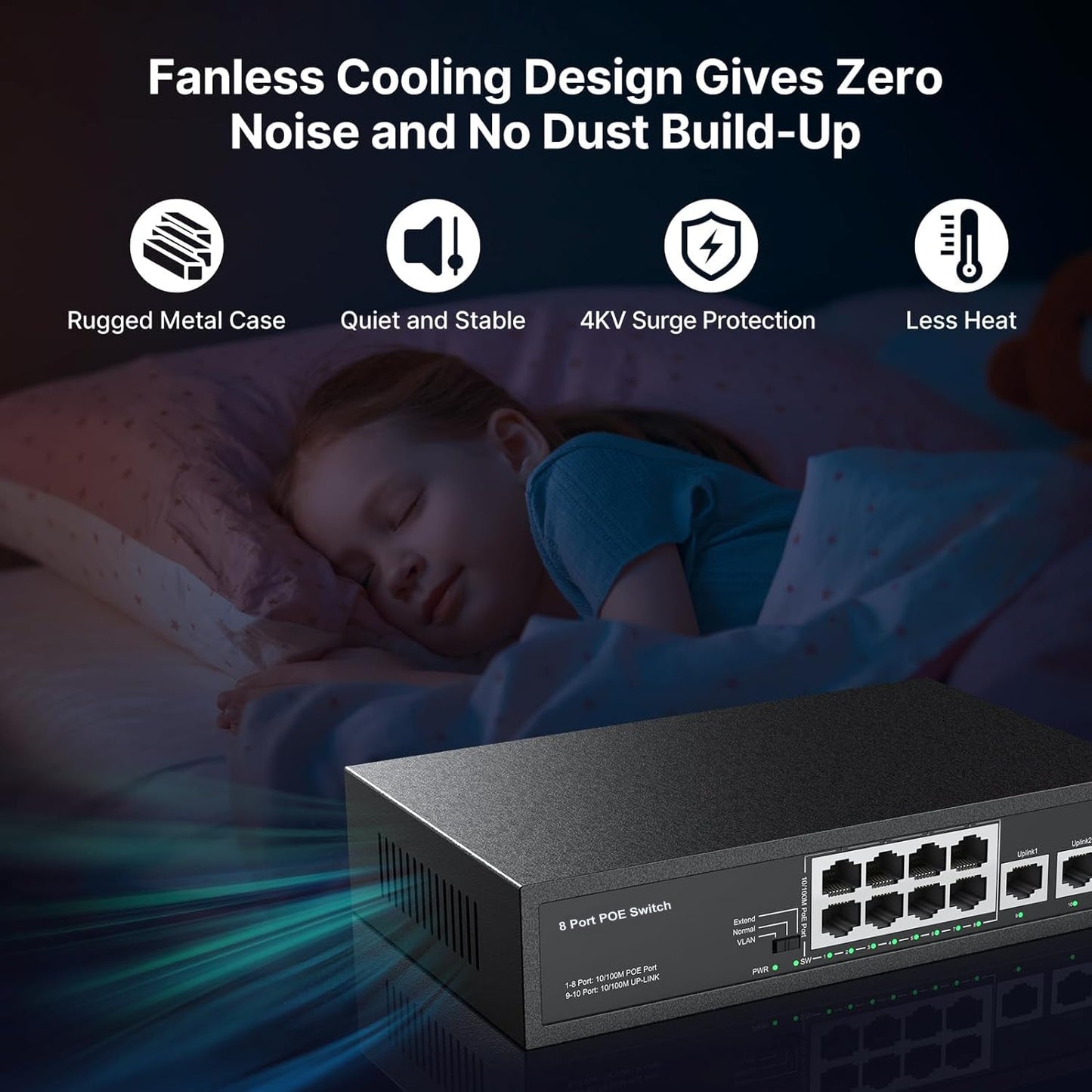 Real HD 10 Port PoE Switch, 8 Ports PoE+ 2 Uplink Unmanaged 100Mbps Switch, High Total Power Budget 120W, 802.3af/at Compliant, Work with IP Cameras
