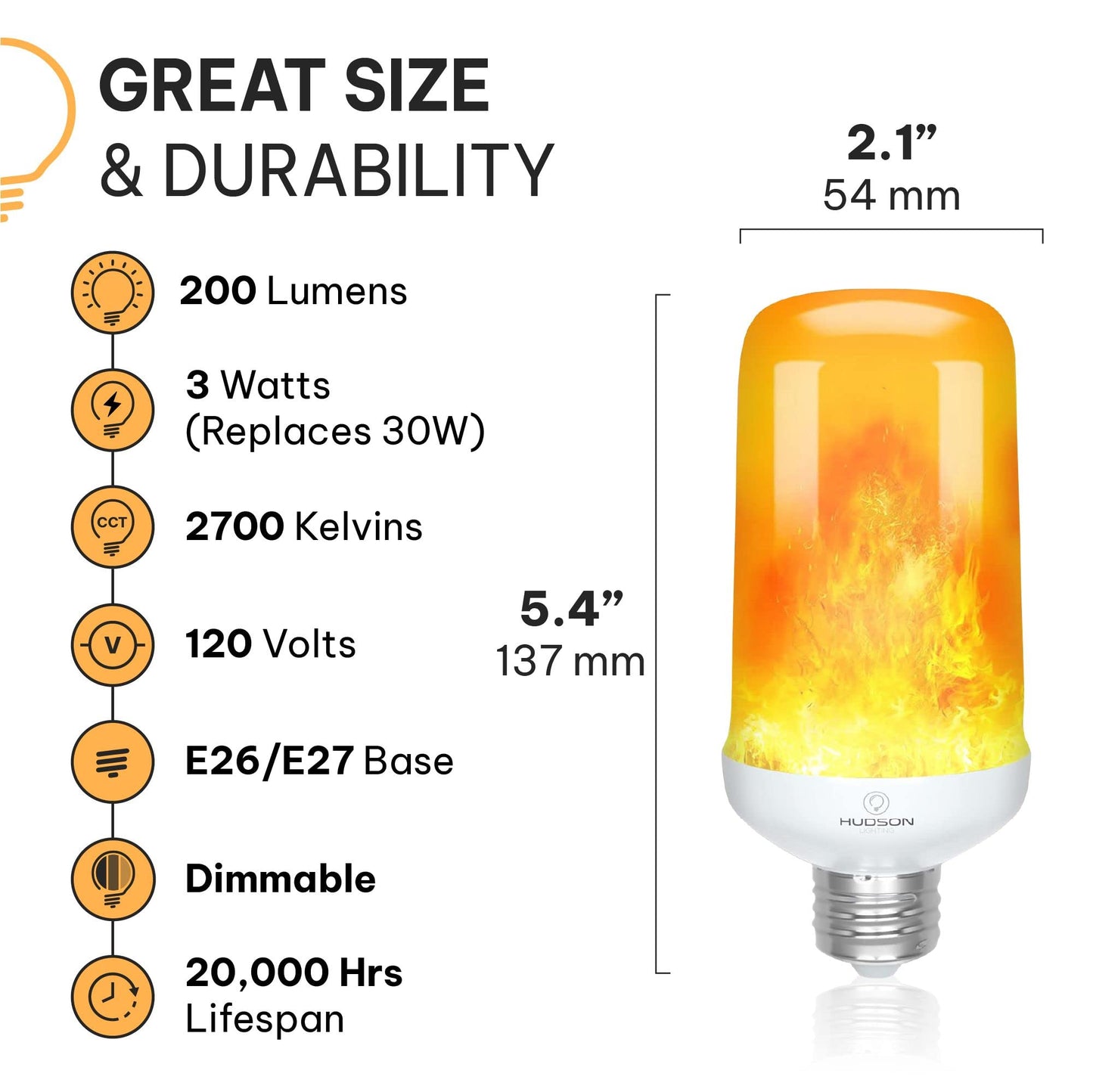 Hudson LED Halloween Bulbs - Flame Effect, 4?Mode Upside Down & 3W Flicker - E26/E27 Orange Fire - 2?Pack for Indoor/Outdoor - Flame Light