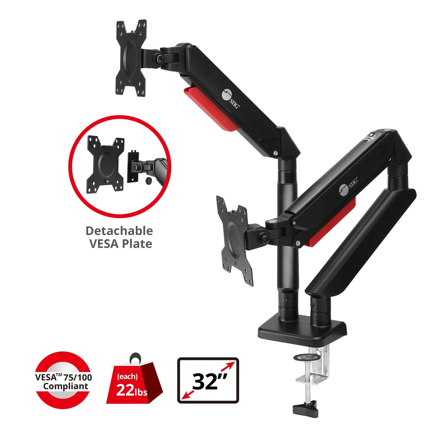 SIIG Dual Monitor Arm Stand for Desk - Fully Adjustable Gas Spring Mount Holds 22 lbs and 13-32 Inch Screens, VESA 75x75 100x100 with C-Clamp