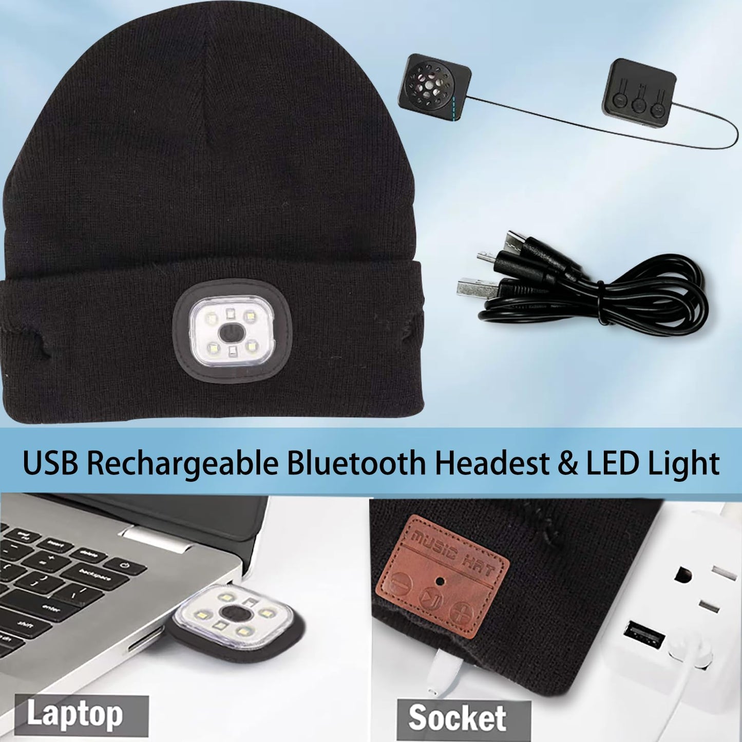 Smerk Bluetooth Beanie Hat with Light, Knitted Musical USB Rechargable LED Headlamp Wireless Headphones Music Cap, Gifts for Men Dad