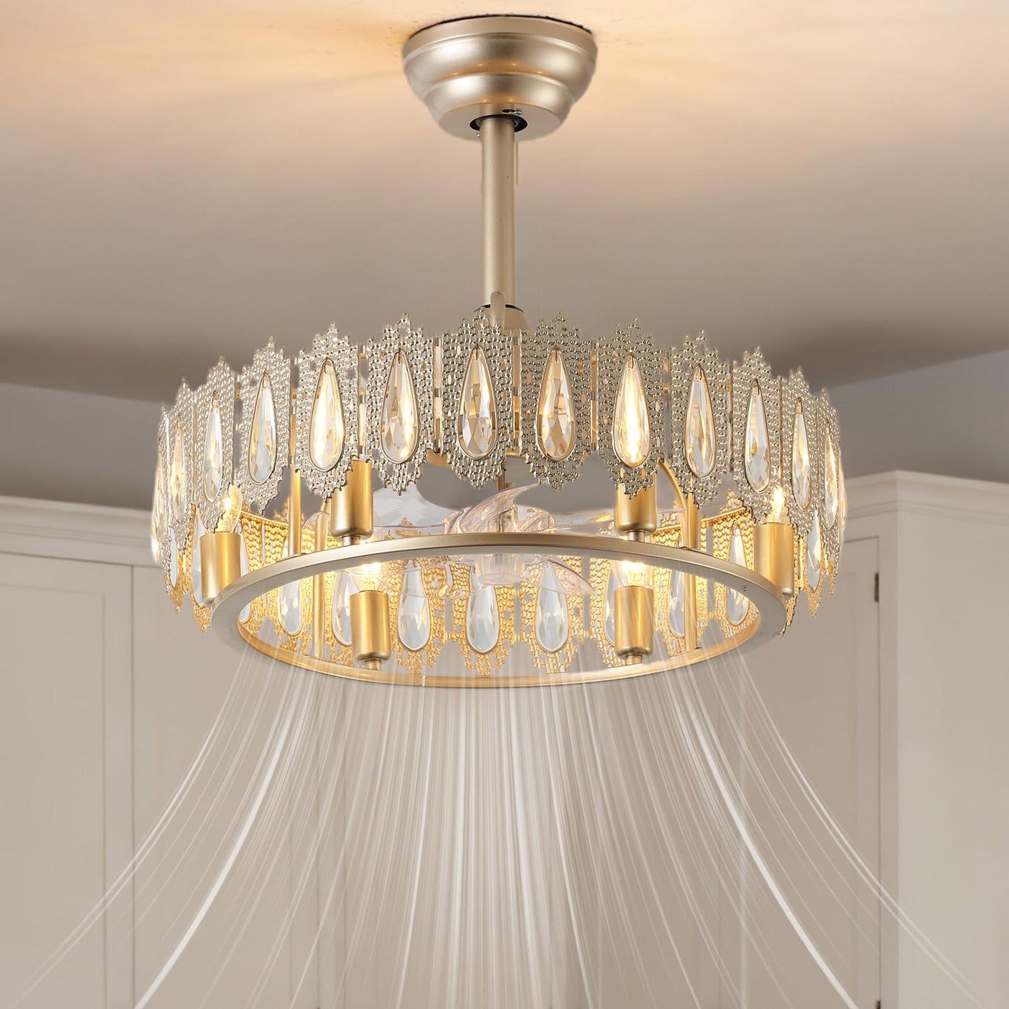 Thoxipn 20" Gold Crystal Fandelier Ceiling Fan with Light Caged Mid Century