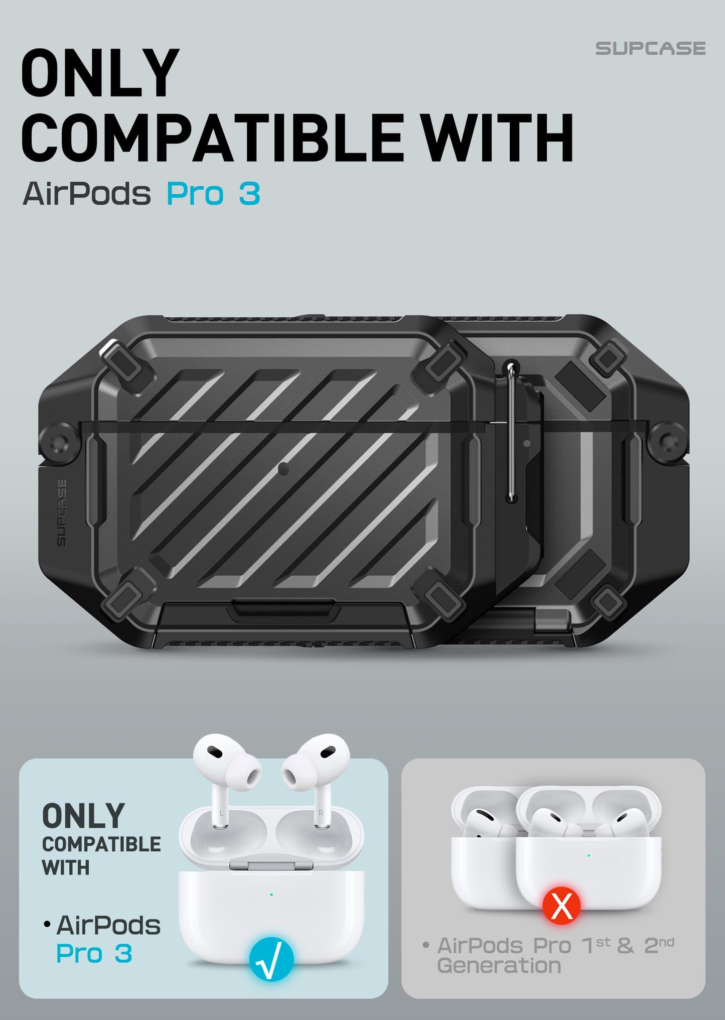 SUPCASE for AirPods Pro 3 Case with Lock & Carabiner, IP68 Waterproof, Compatible with MagSafe, Military-Grade Protection Anti-Scratch Hard Shell