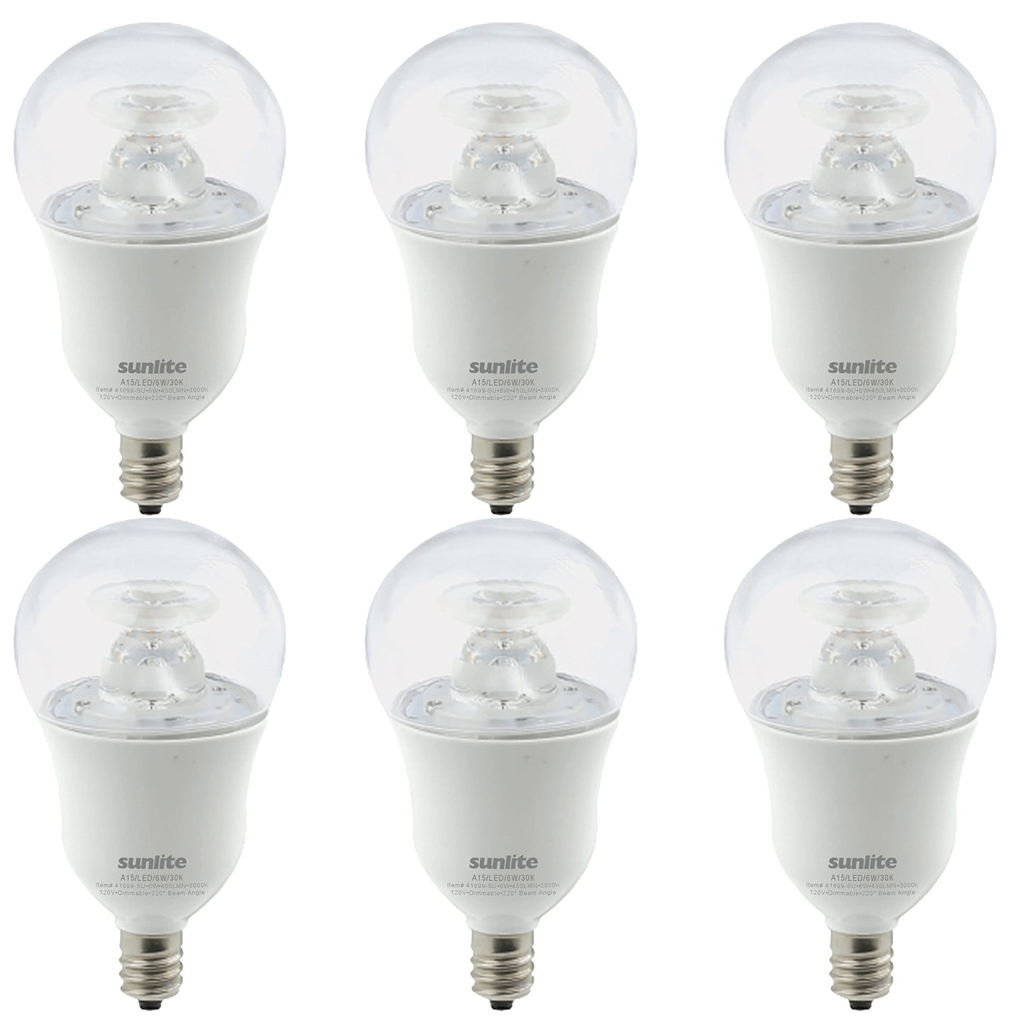 Sunlite 41699 LED A15 Appliance Clear Light Bulb, 6 Watts (40W Equivalent), 450 Lumens, Candelabra Base (E12), 90 CRI, Dimmable, ETL Listed, Ceiling
