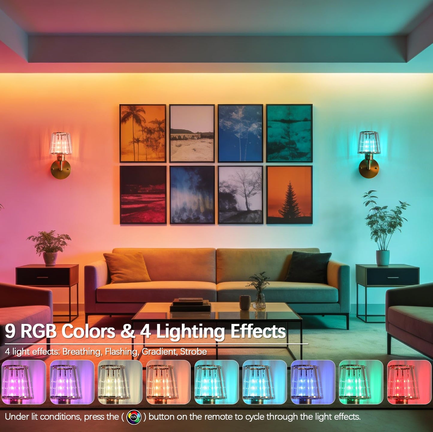 Daoteper Crystal Battery Operated Wall Sconces Set of 2, Gold Rechargeable Wireless Wall Lights with Remote, 13 Colors and RGB Dimmable, Auto Timer