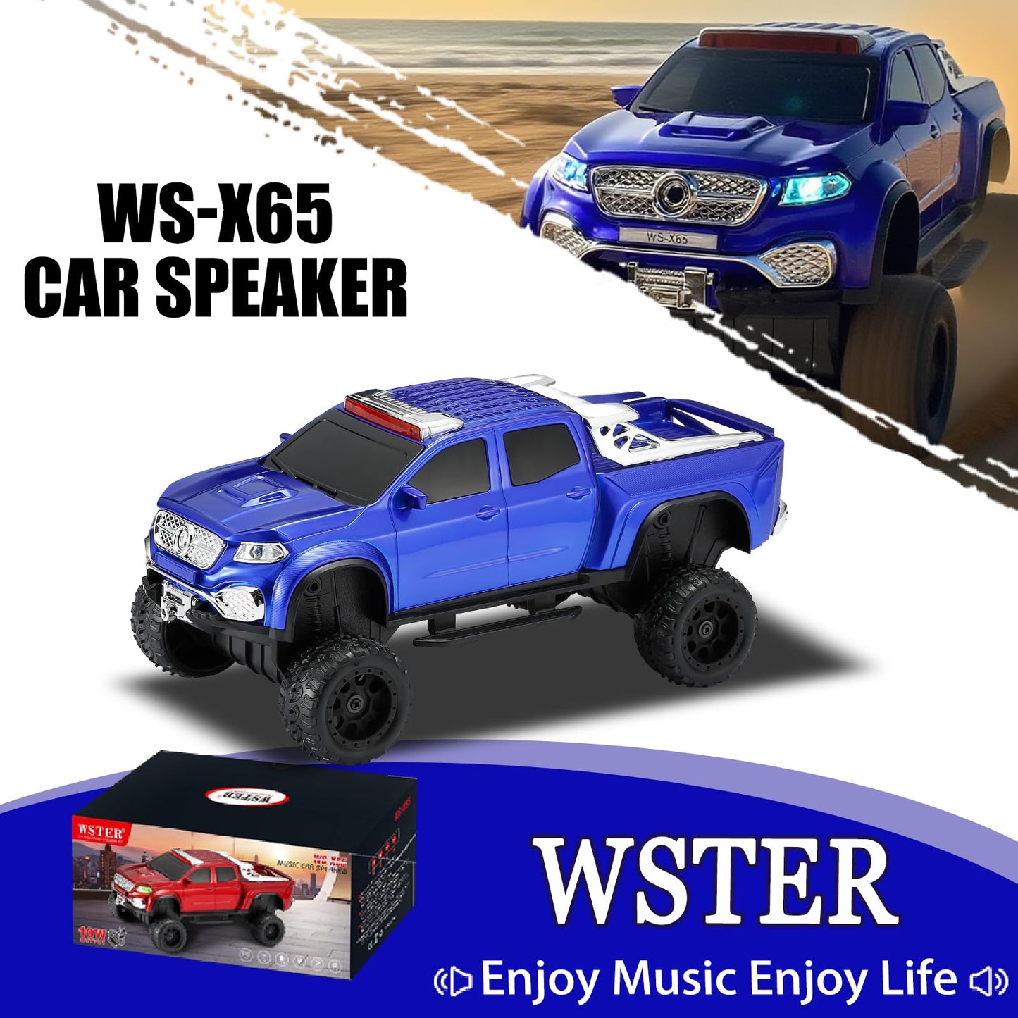 WSTER WS-X65 Pickup Truck Replica Bluetooth Speaker - HD Sound, FM Radio, TWS Stereo, LED Party Lights, USB/TF Playback, Built-in Mic - Cool Portable