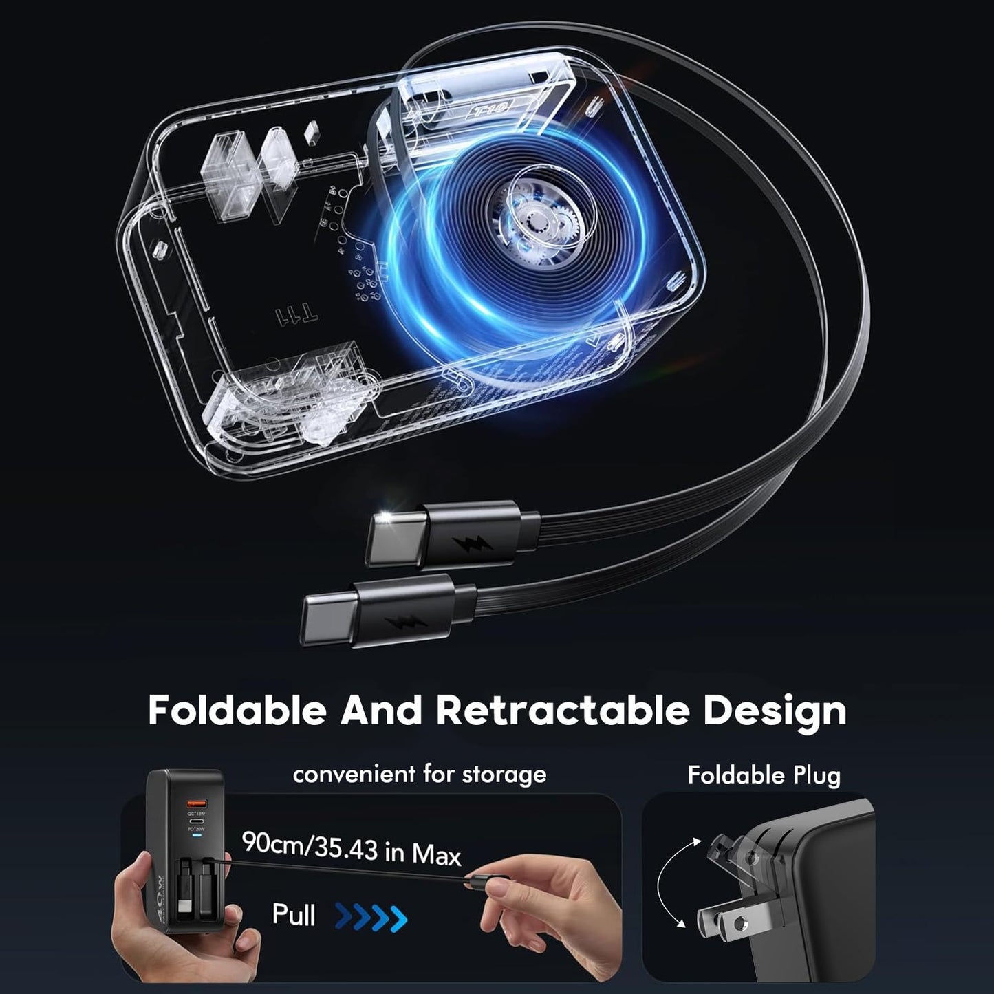 4 in 1 Retractable Wall Charger Dual USB C Cable Plug,45W USBC Fast Retractable iPhone Charger Foldable Block Dual Port(USB C+USB A) with Dual USB C