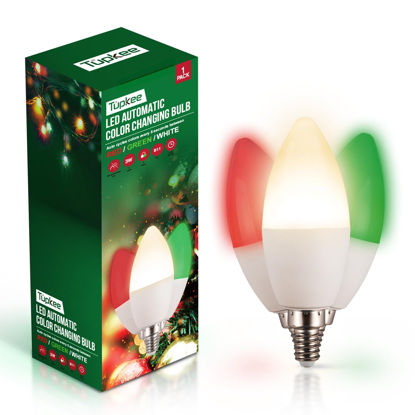 Tupkee LED Automatic Color Changing Bulb - Automatically Cycles Between Red/Green/White Every 5 Seconds - C37/B11 Candle Bulb, E12 Base, 3W Christmas
