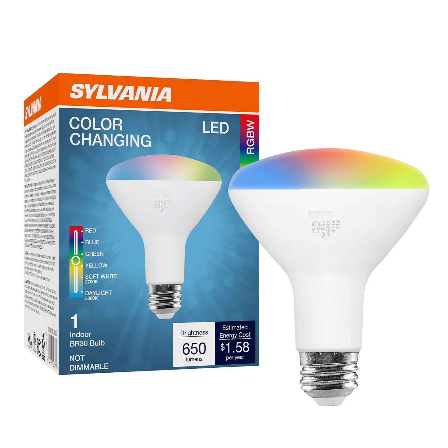 Sylvania LED Color Changing Light Bulb, Red/Blue/Green/Yellow/White, 2700K/5000K, RGBW Colored Light Bulbs, 8W, BR30, E26 Medium Base - 1 Pack (42637)