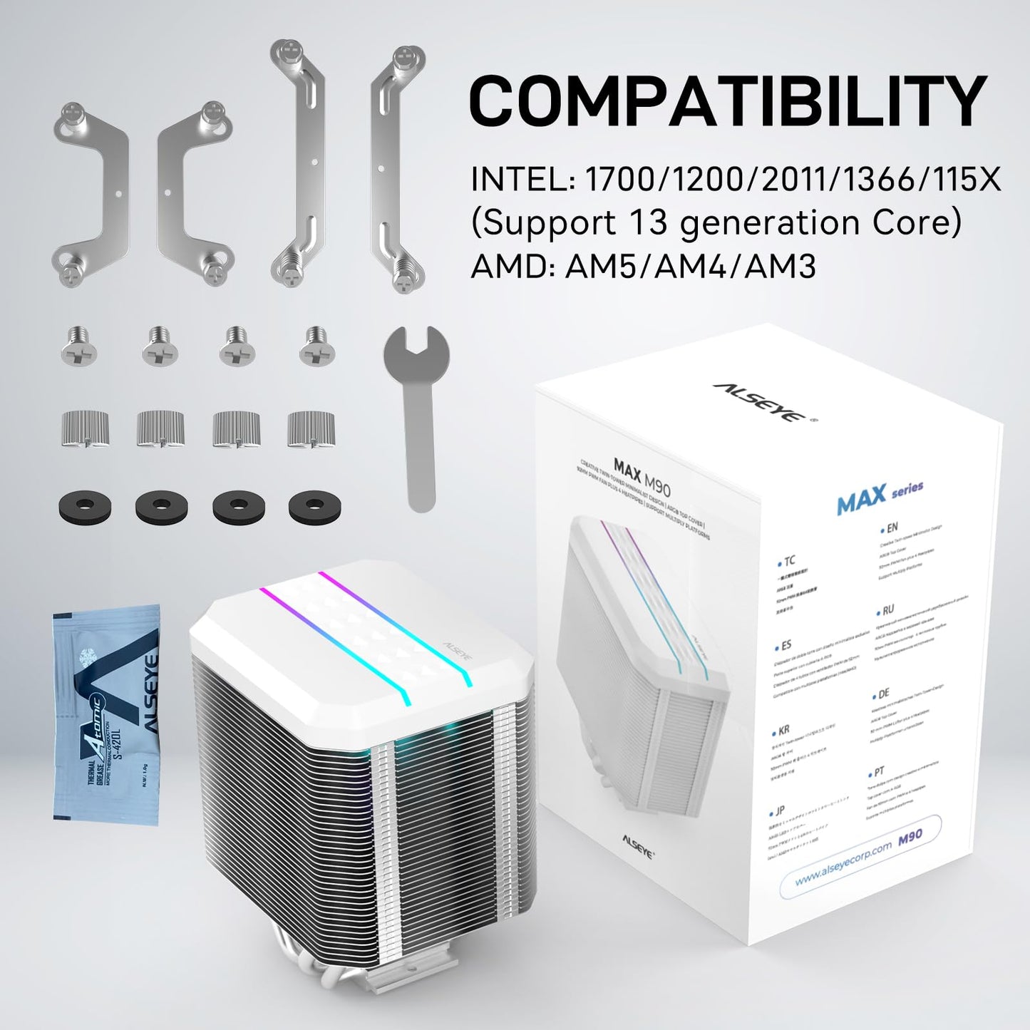 ALSEYE M90 CPU Cooler, Hidden Fan Designed Dual Tower Air-Cooled CPU Cooler with ARGB Light Effect Cover Compatible with Both Intel and AMD Platform