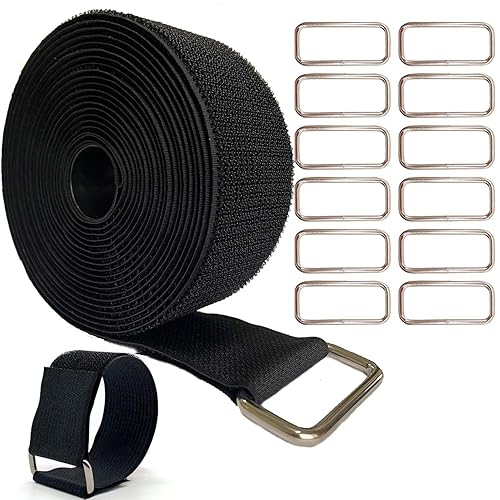 Wide 2" ×16 Ft Long Hook and Loop Cable Straps with 12 Heavy Metal Buckles, Adjustable Nylon Tie Down Straps,Free Cut Length and Width, Reusable