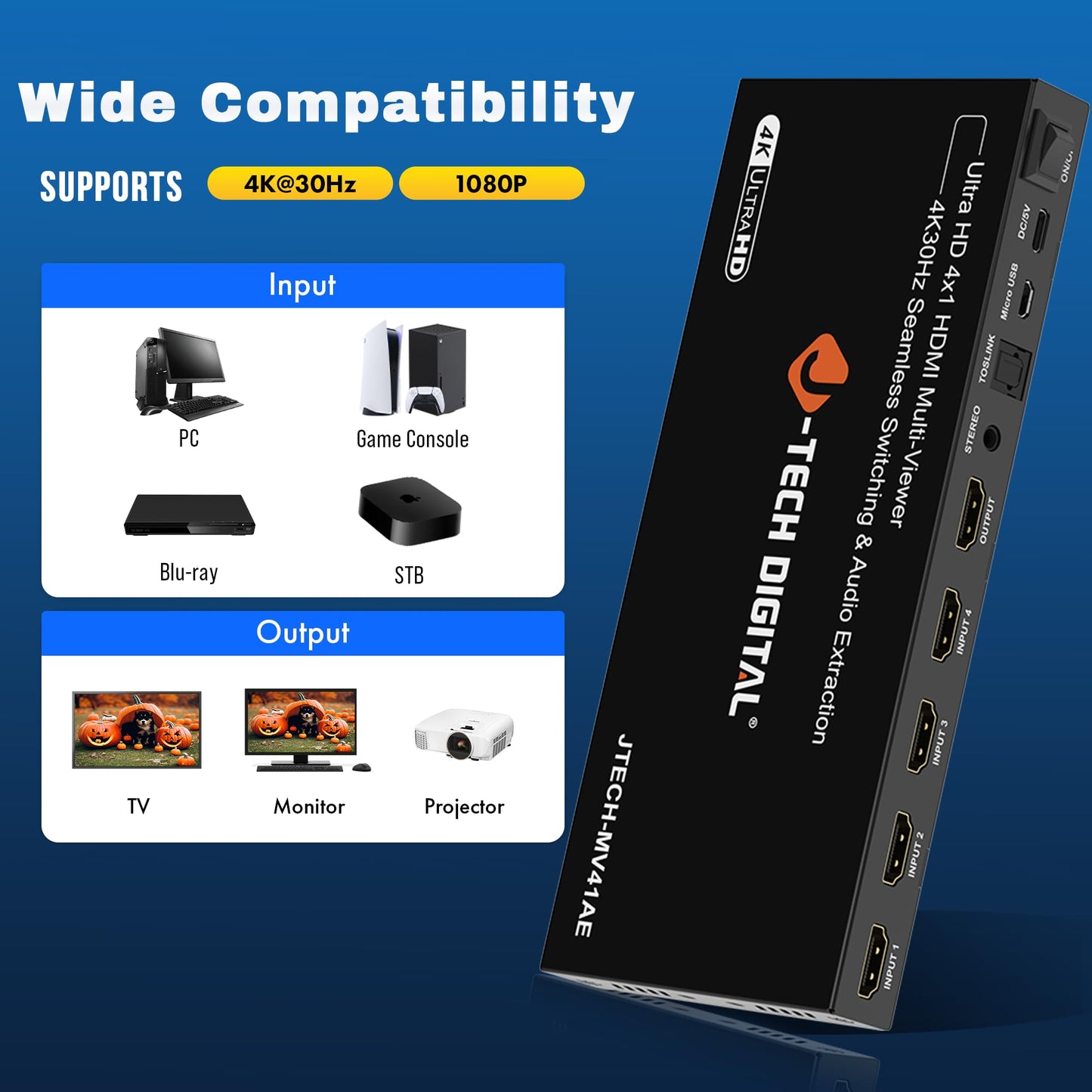 J-Tech Digital 4K HDMI Multiviewer Switch 4 in 1 Out, 4x1 4K 30Hz HDMI Quad Multiviewer Seamless Switcher with PiP, 6 Viewing Modes, Audio Extraction