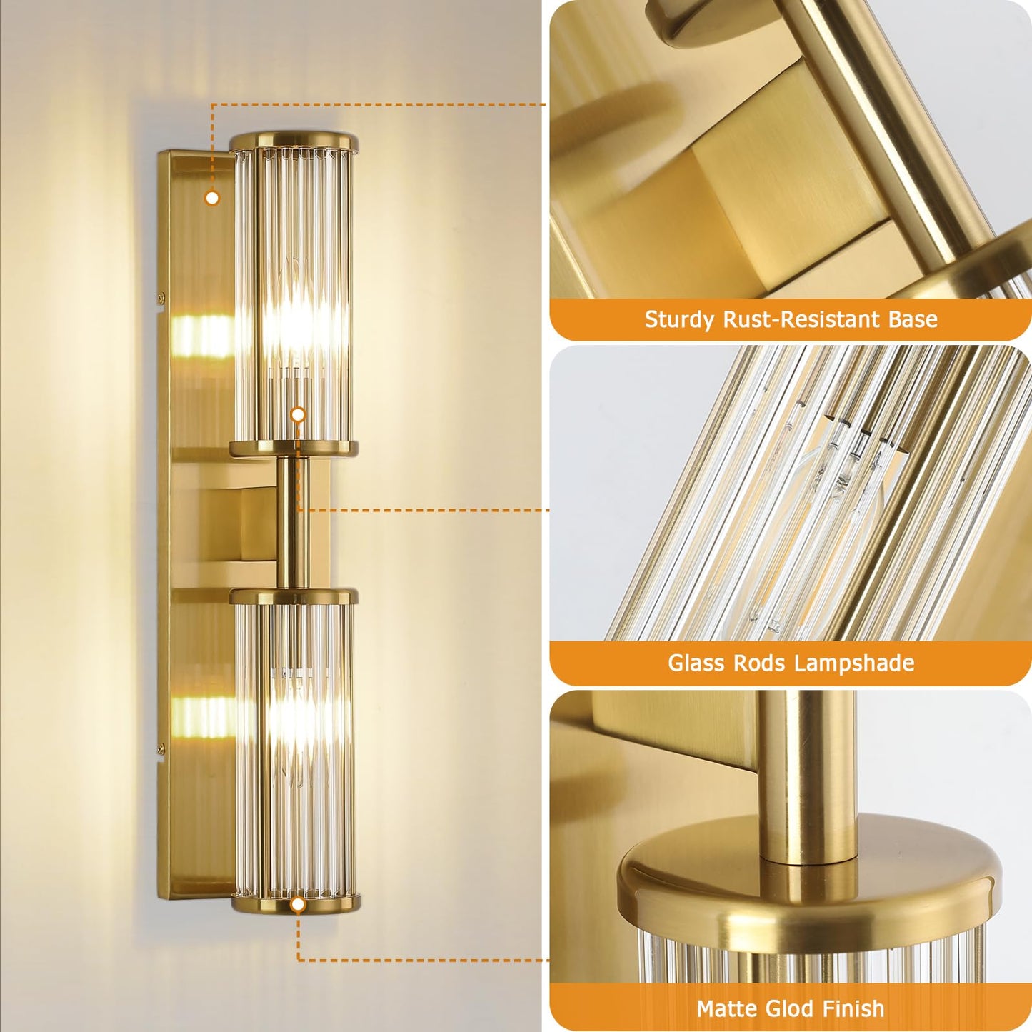 ECOBRT 2-Light Modern Vanity Wall Lamp in Brushed Brass, Industrial Bathroom Lighting with Glass Rod Shades, Adjustable Modern Mirror Lights