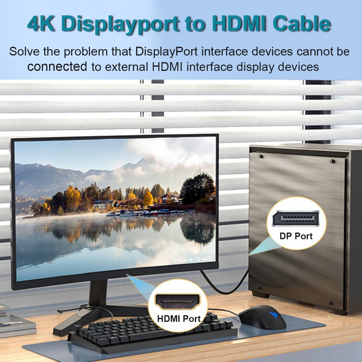 DisplayPort to HDMI Cable, Uni-Directional 4K DP to HDMI Cable 6 Feet, 4K@30Hz, 1080P Full HD, Male to Male Compatible for Computer, NVIDIA, AMD