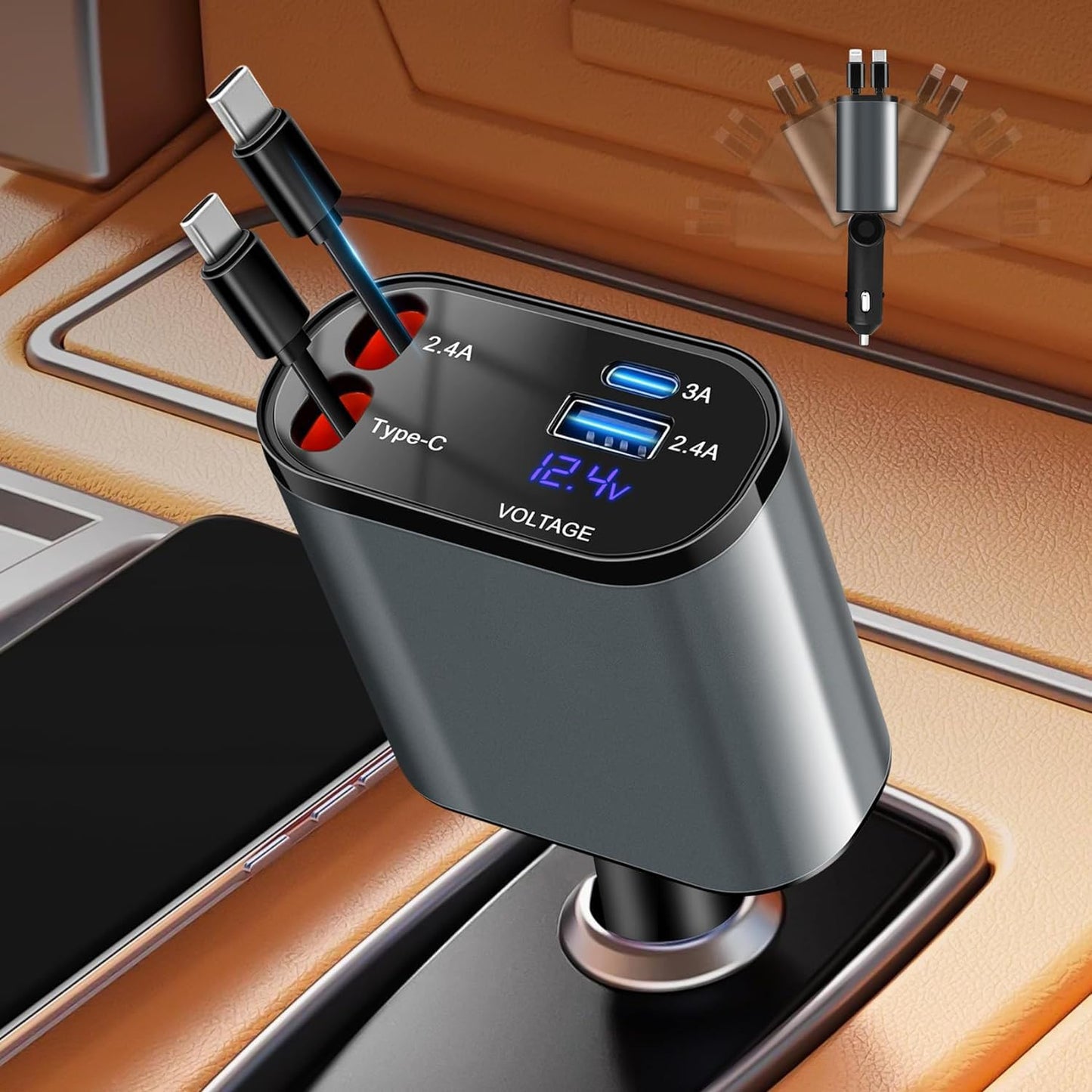 Retractable 4 in 1 Fast Charging 100W Phone Charger, Retractable Cables (80cm) with Dual Type-C Charging Ports, USB C Ports Car Adapter Compatible