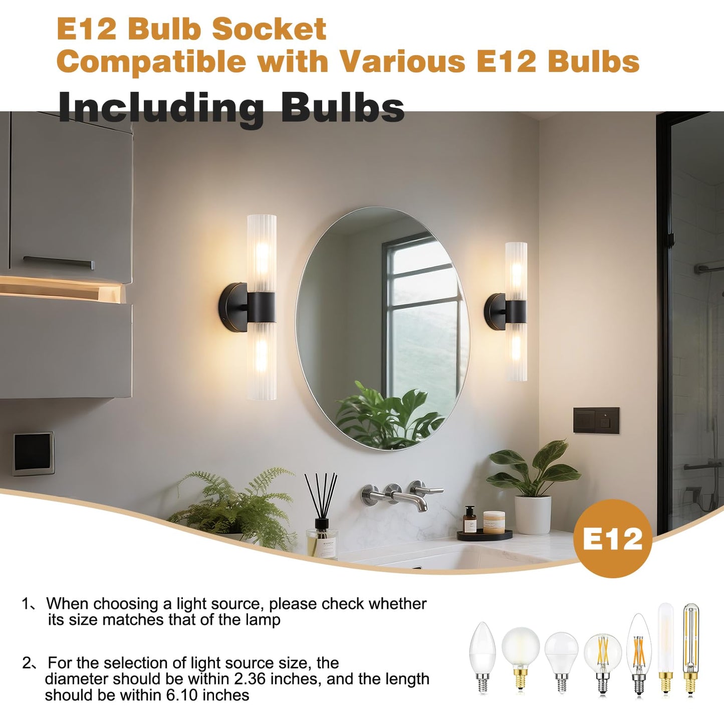 Timeweave Bathroom Light Fixtures 2-Light, Modern Vanity Light for Bathroom, Wall Sconce with Frosted Glass Rods Shades, Hardwired Wall Light Fixtures