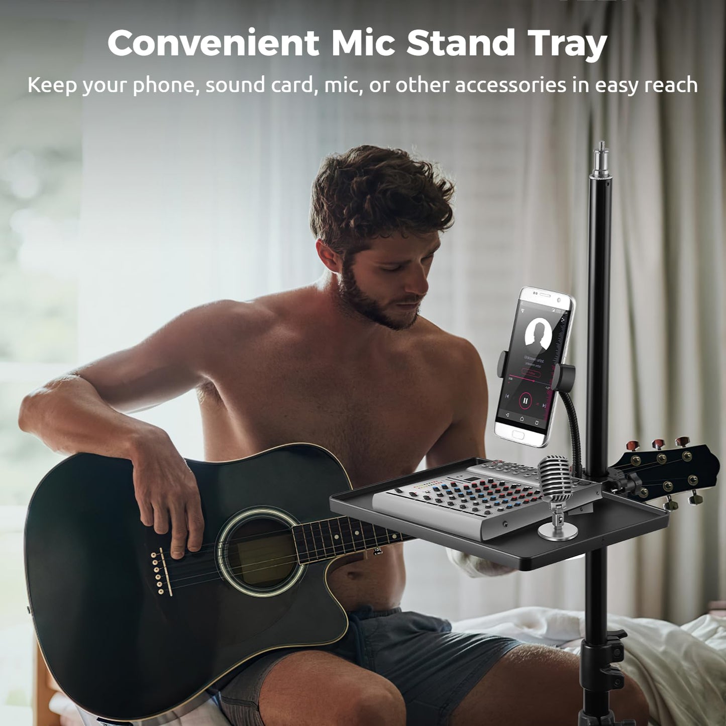 2-In-1 Microphone Stand Tray with Phone Holder, Clamp-On Mic Rack Tray Height Adjustable with Firm O-Ring Clamp, Mic Sound Card Holder for Recording